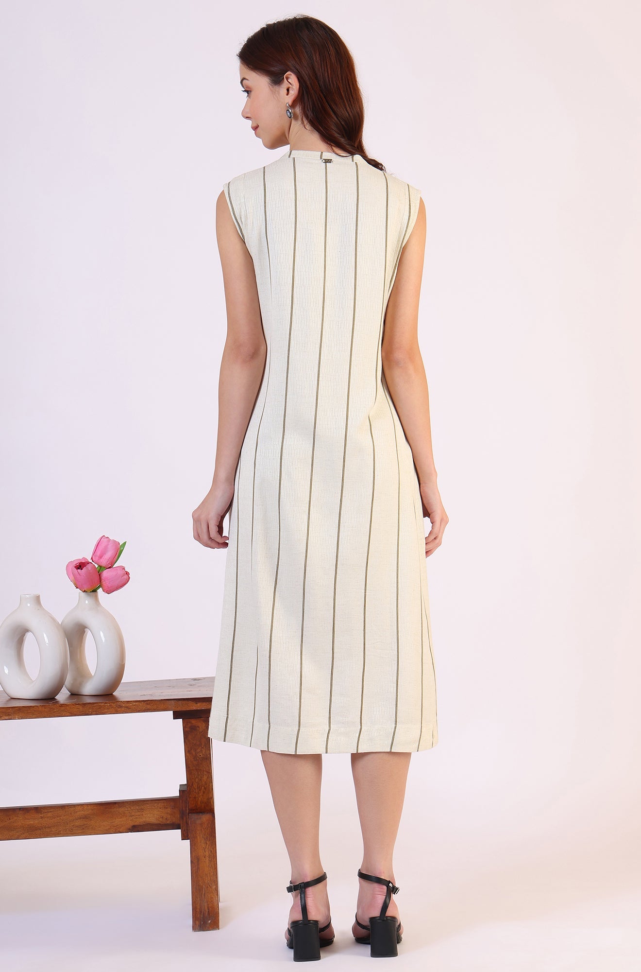 Off -White Striped Cotton Blend Flared Western Dress