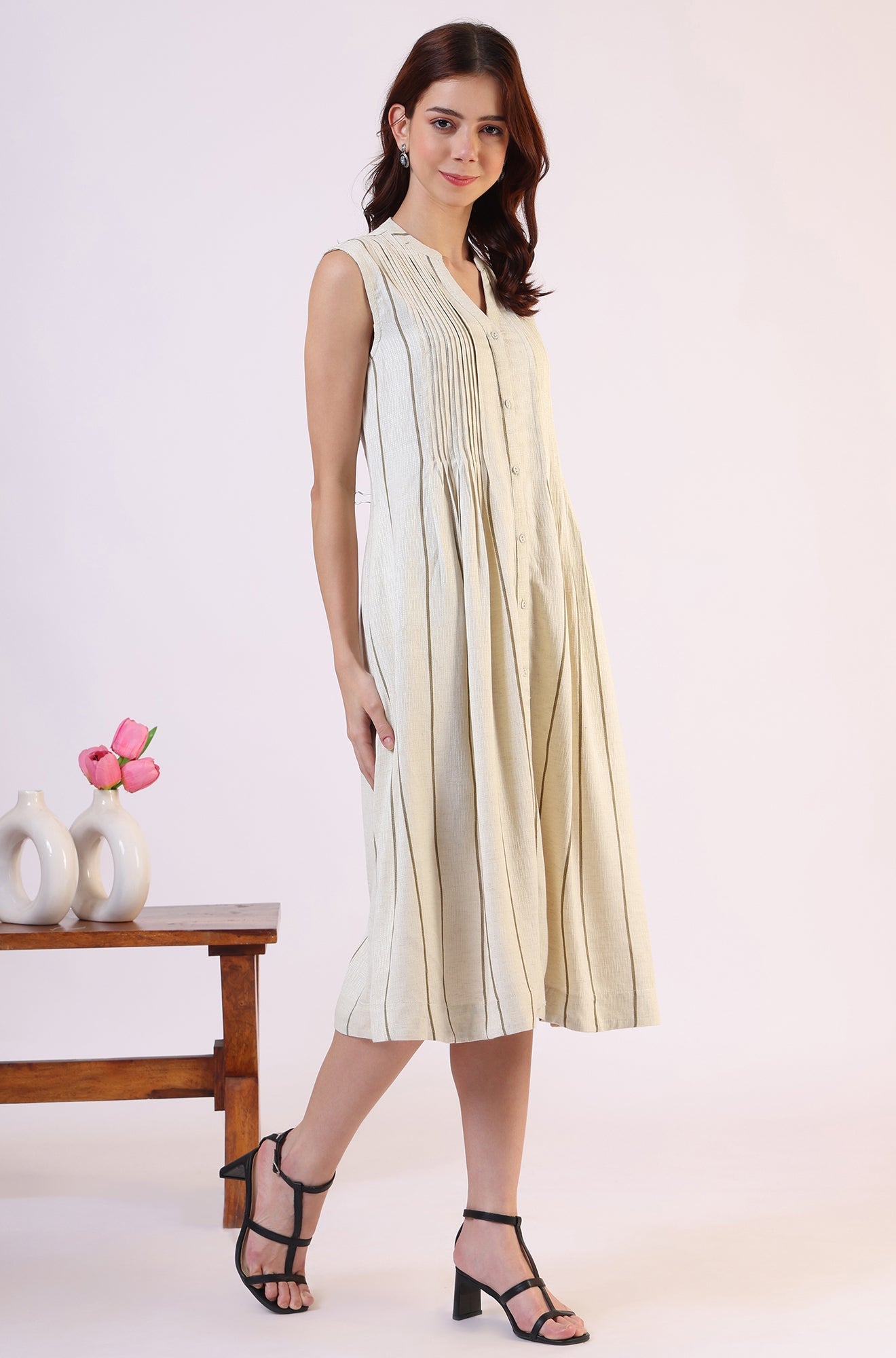 Off -White Striped Cotton Blend Flared Western Dress