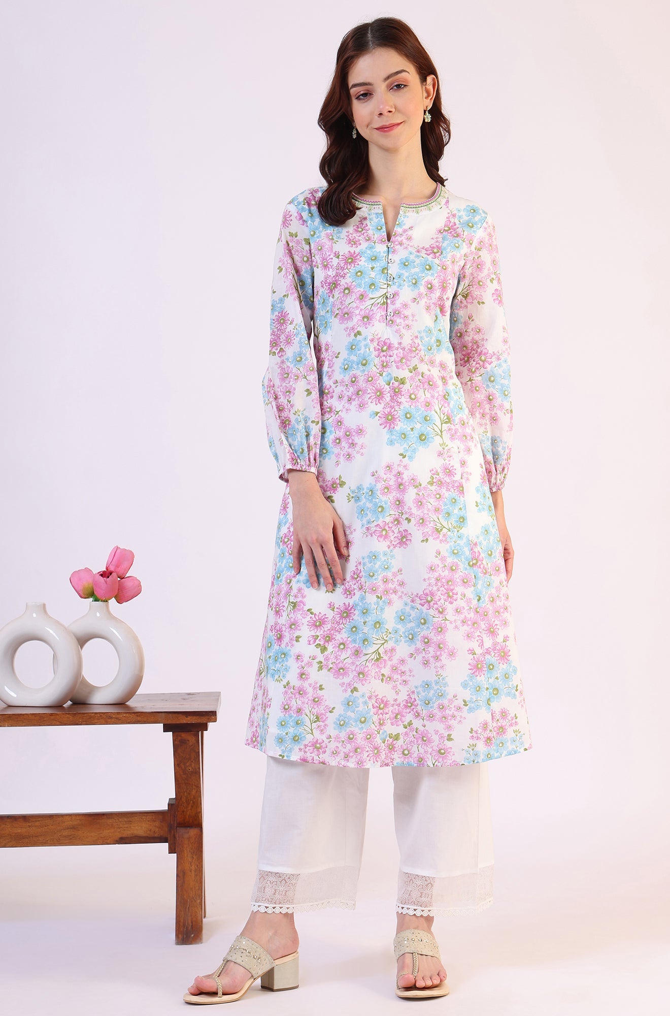 Purple Floral Printed Flared Pure Cotton Kurta With Embroidered Neck