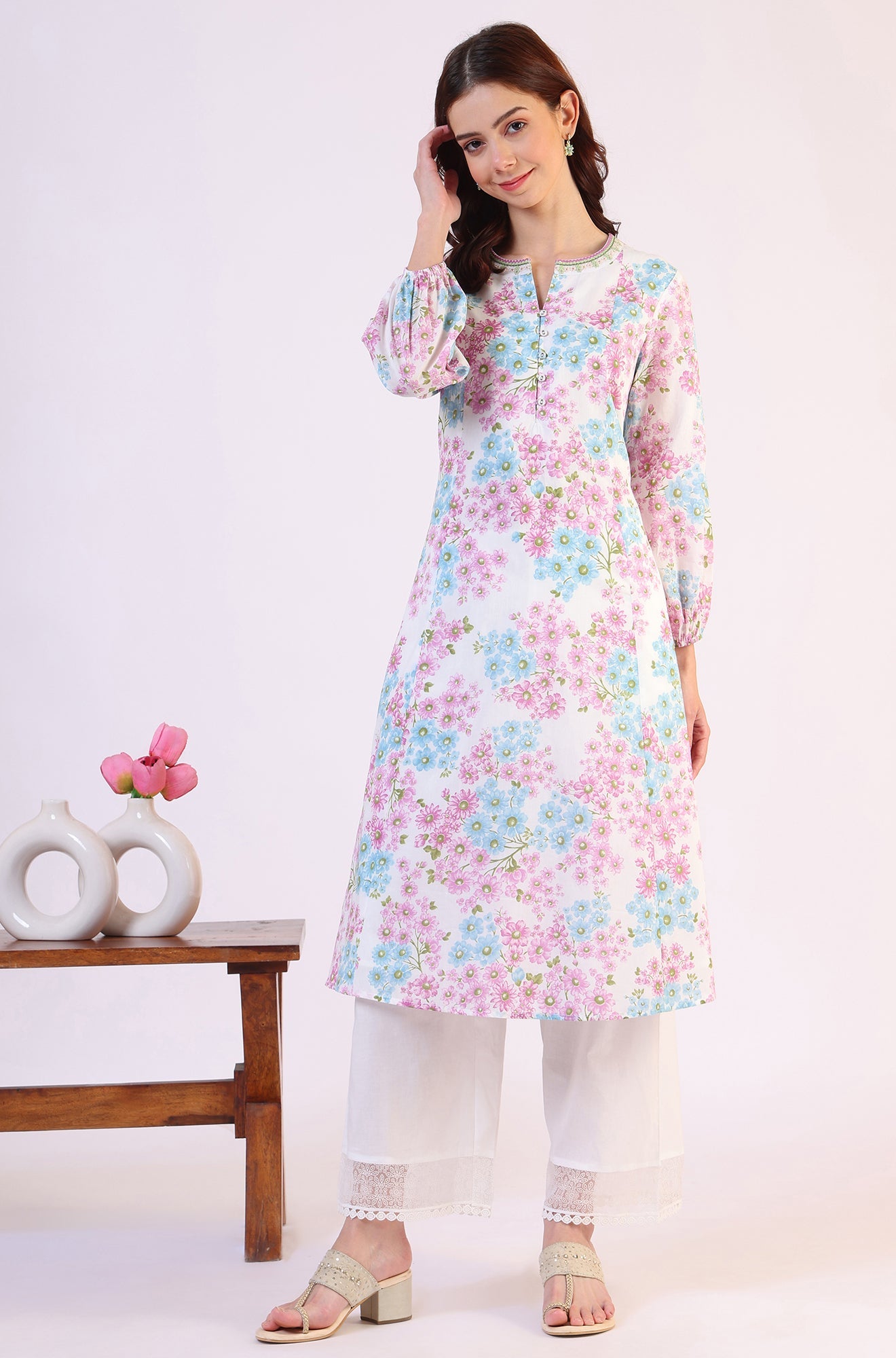 Purple Floral Printed Flared Pure Cotton Kurta With Embroidered Neck