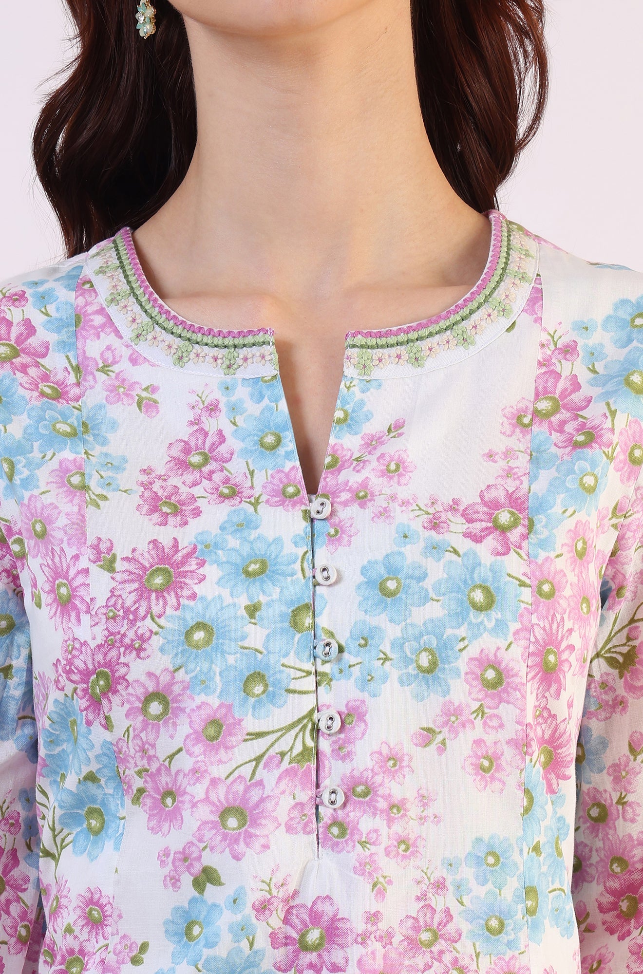 Purple Floral Printed Flared Pure Cotton Kurta With Embroidered Neck