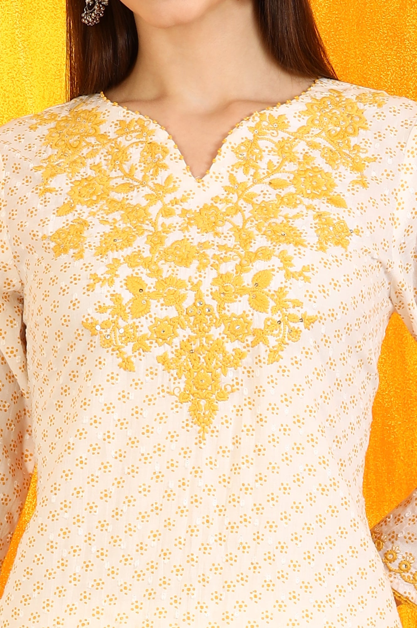 White Bandhani Printed Cotton Swiss Dot Straight Kurta with Embroidery