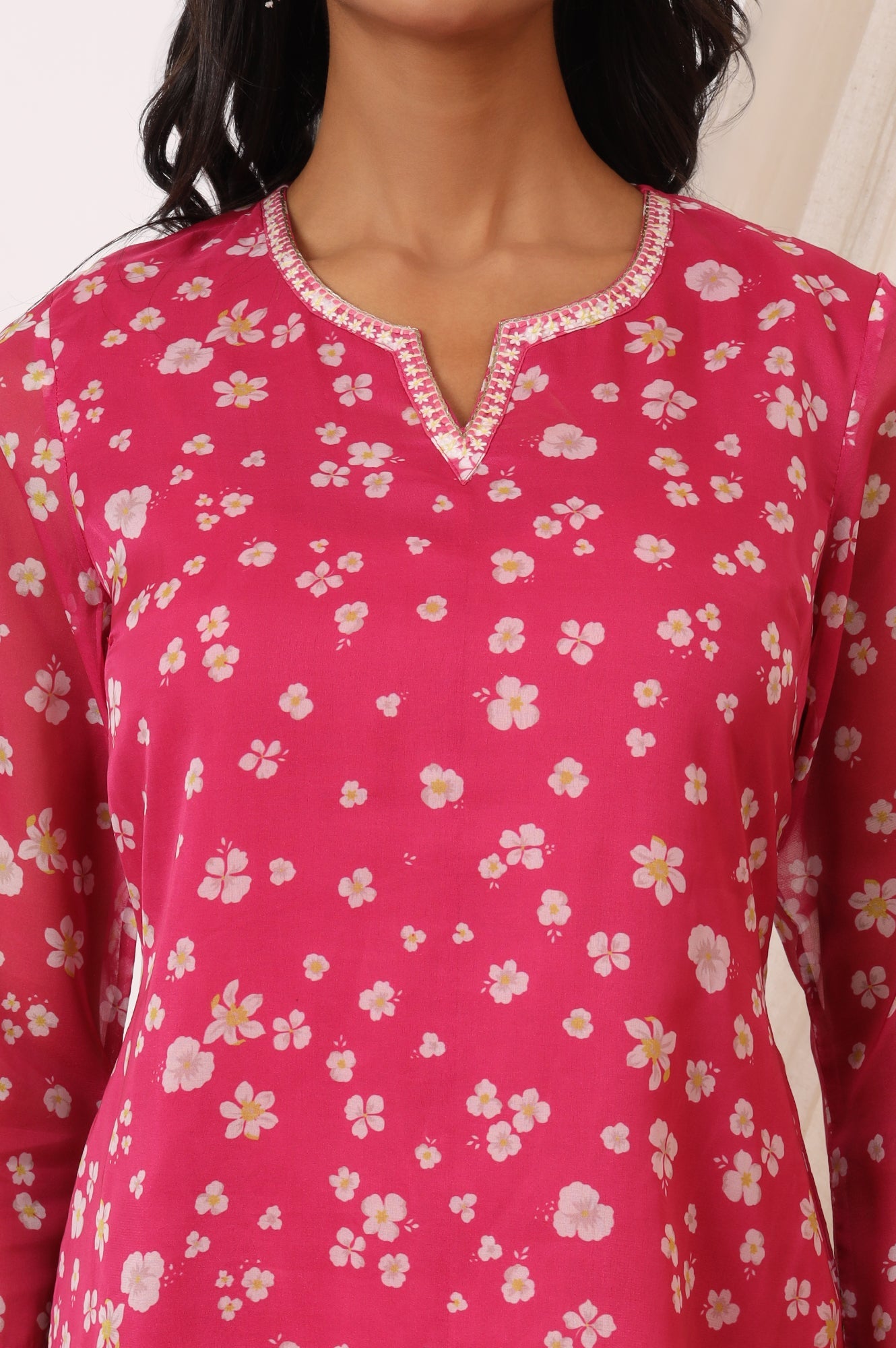 Pink Floral Printed Organza Straight Kurta