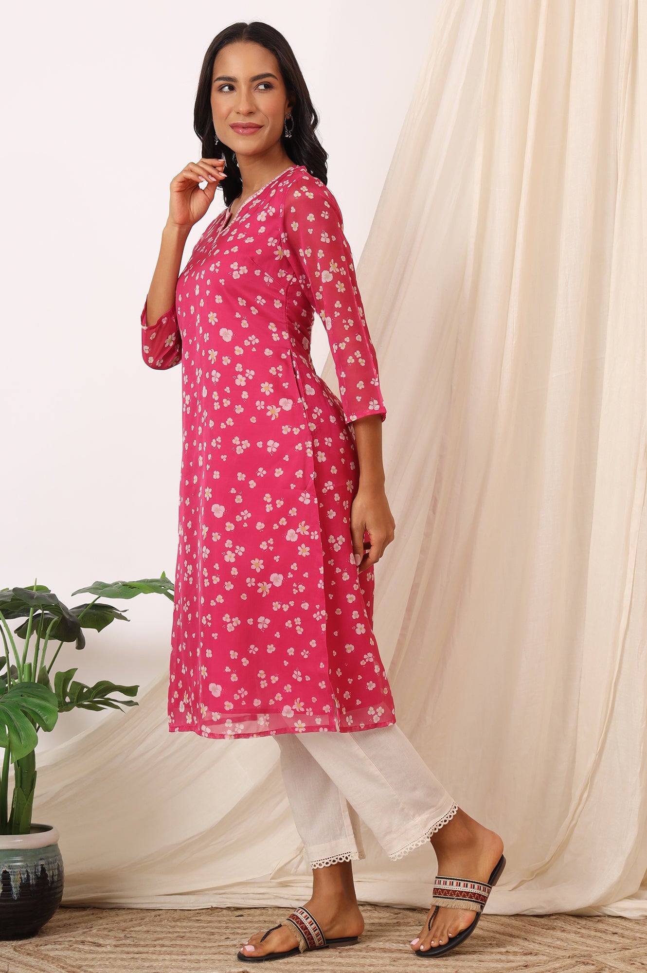 Pink Floral Printed Organza Straight Kurta