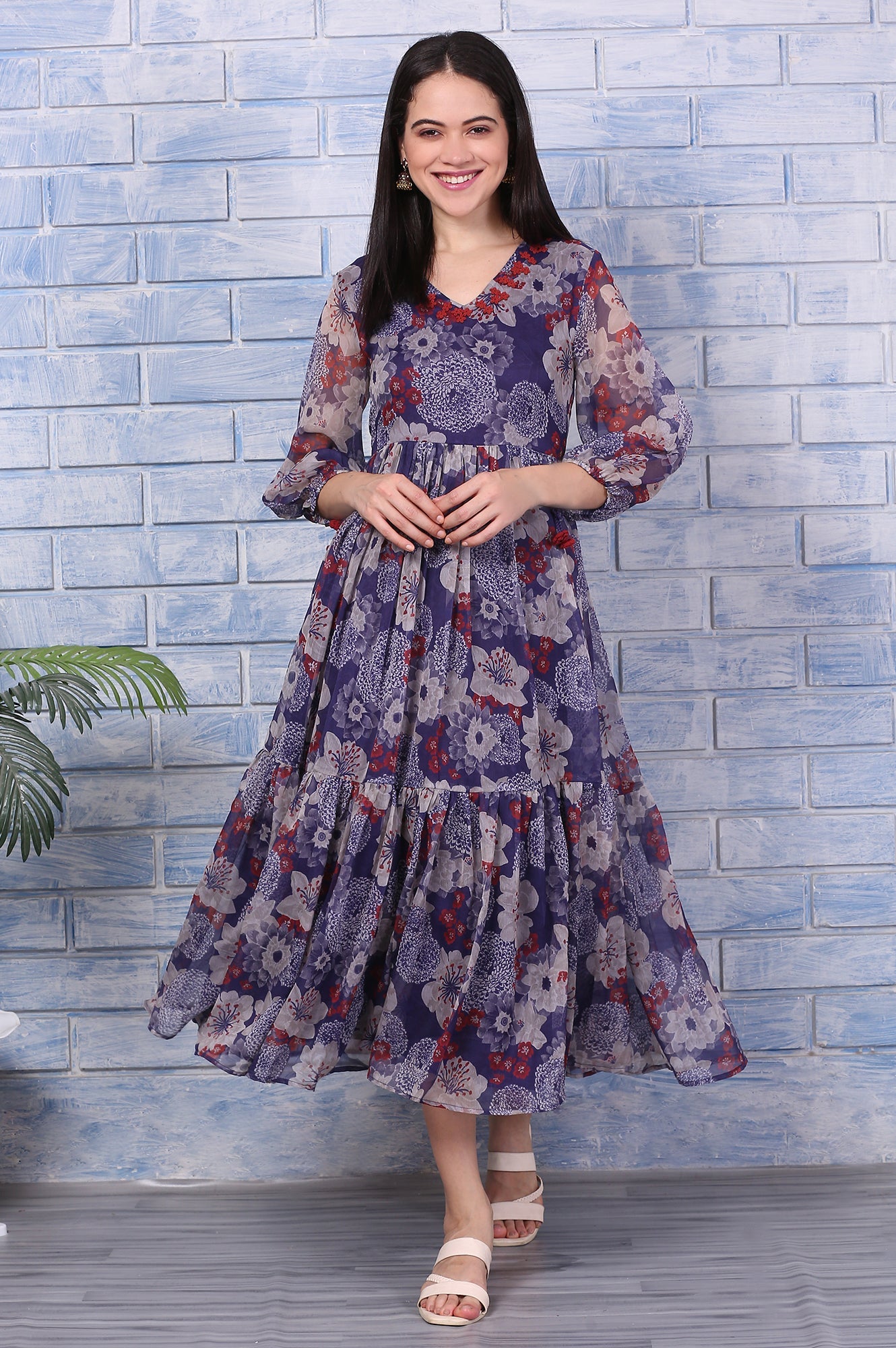 Buy Purple Floral Printed Chiffon Gathered Dress Online at Low Prices