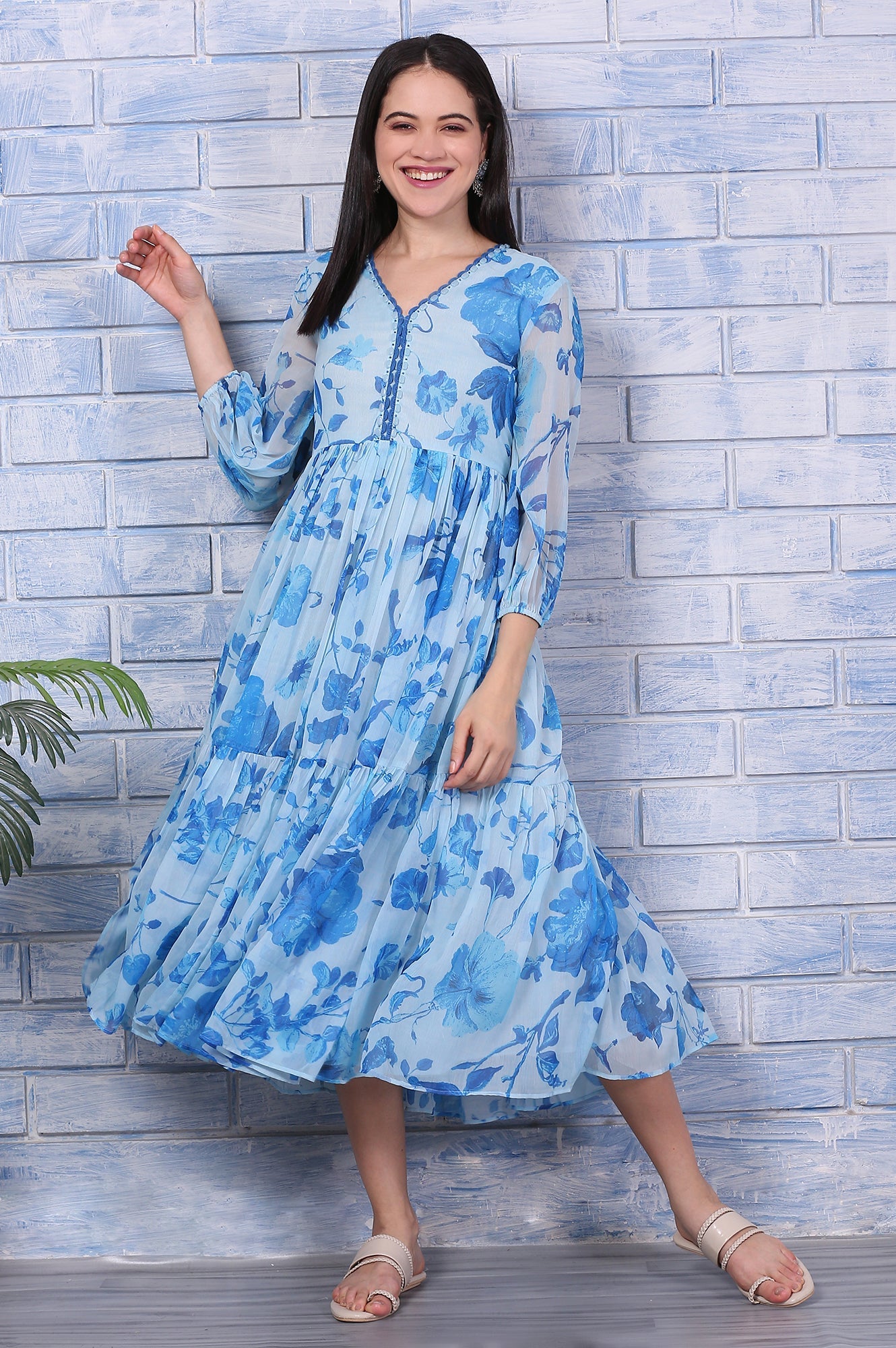 Blue Floral Printed Beaded Gathered Dress with Lace