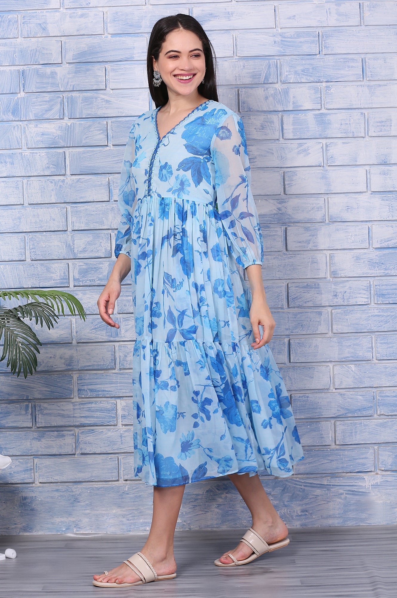 Blue Floral Printed Beaded Gathered Dress with Lace