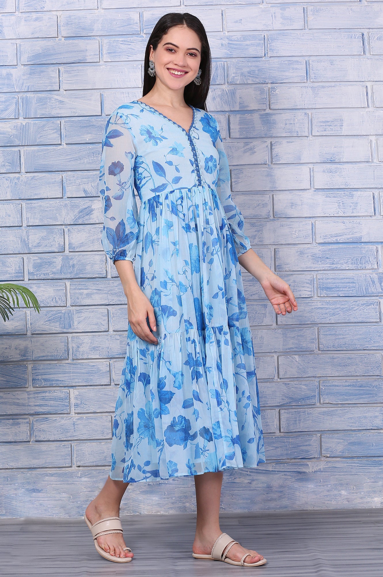 Blue Floral Printed Beaded Gathered Dress with Lace