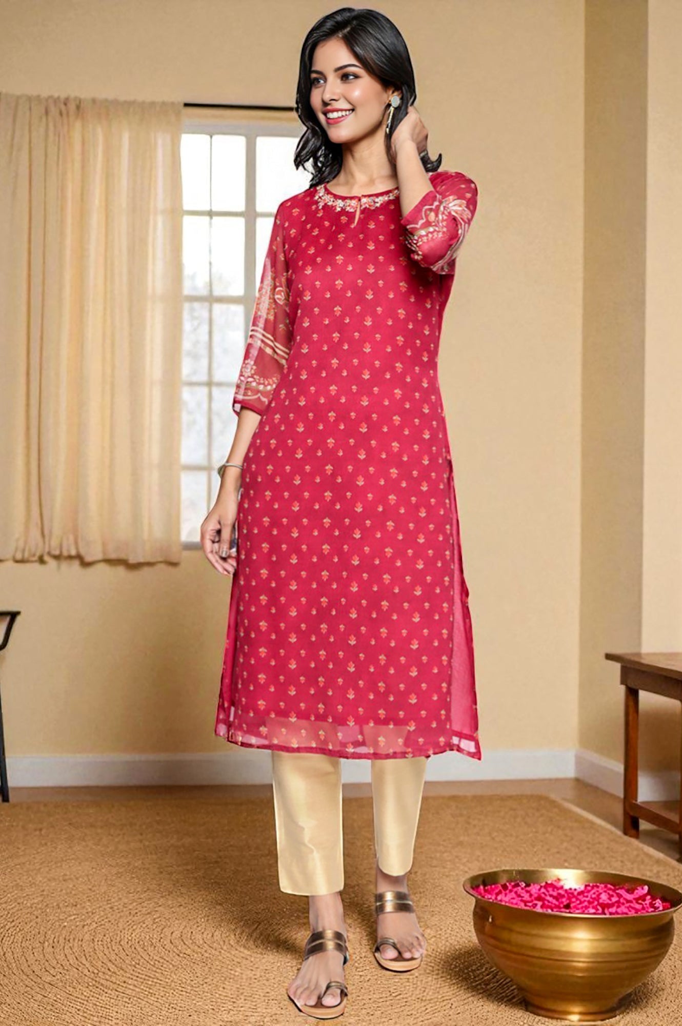 Dark Pink Printed Silver Chiffon Straight Kurta