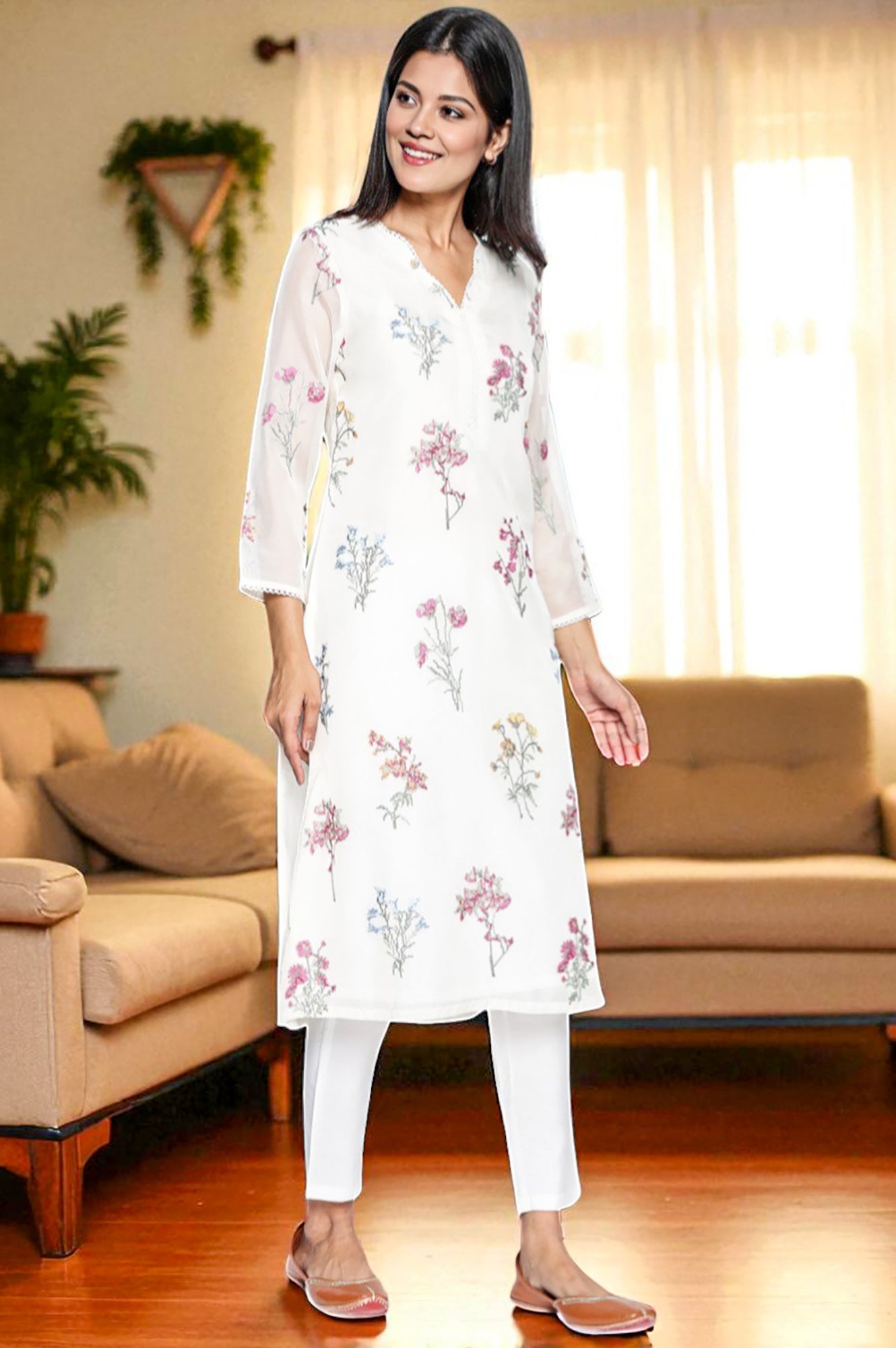 White Embroidered Printed Organza Straight Kurta