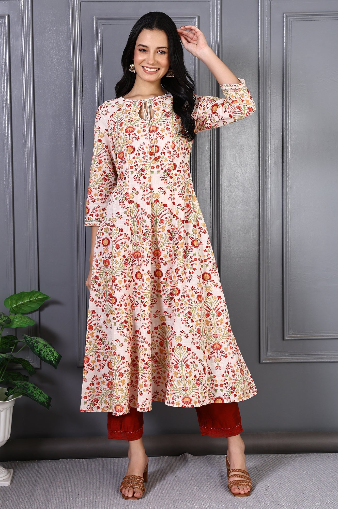White Floral Printed Metal Embellishment Pure Cotton Flared Kurta