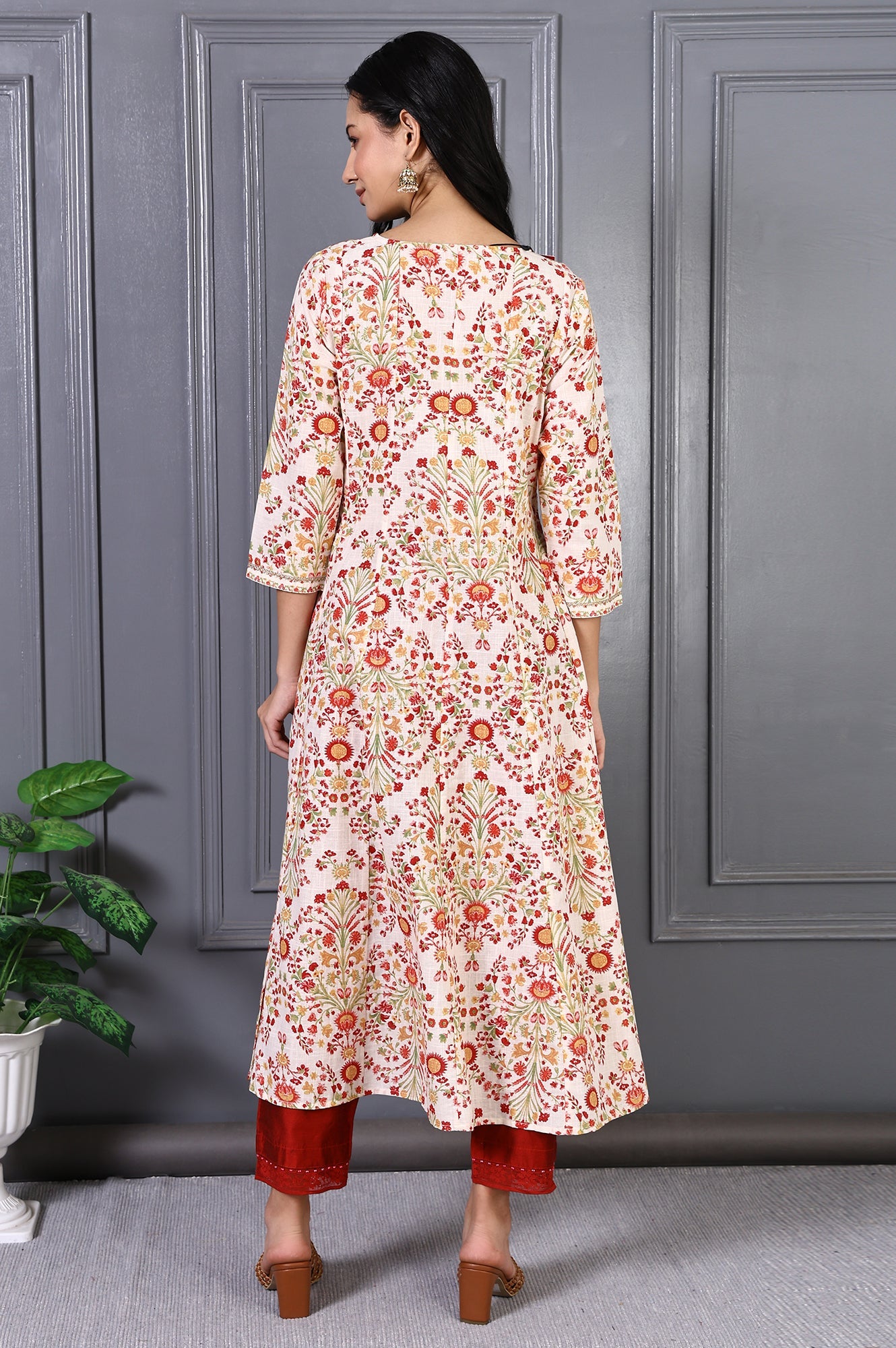 White Floral Printed Metal Embellishment Pure Cotton Flared Kurta