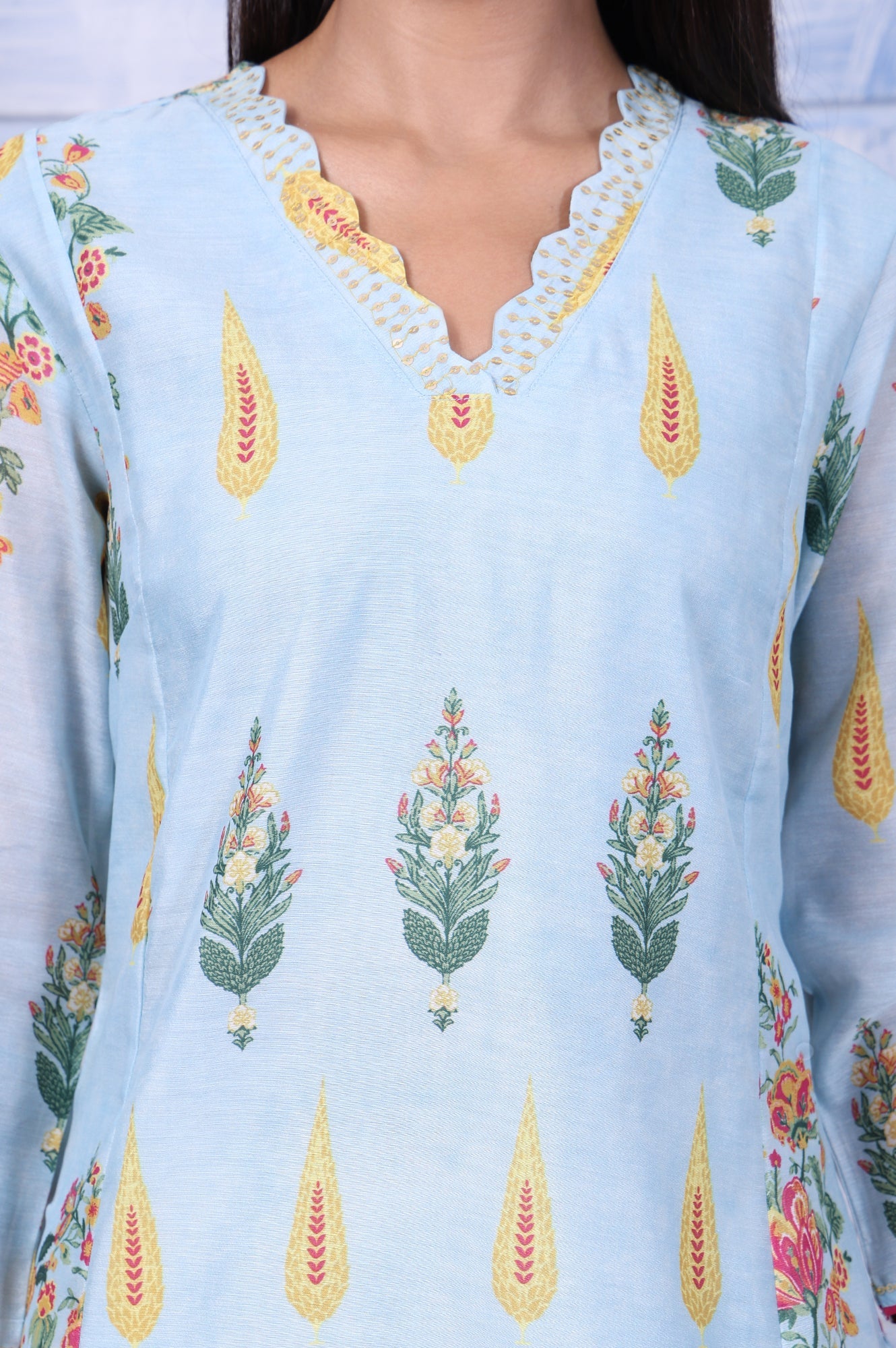 Blue Floral Printed Chanderi A-Line Kurta