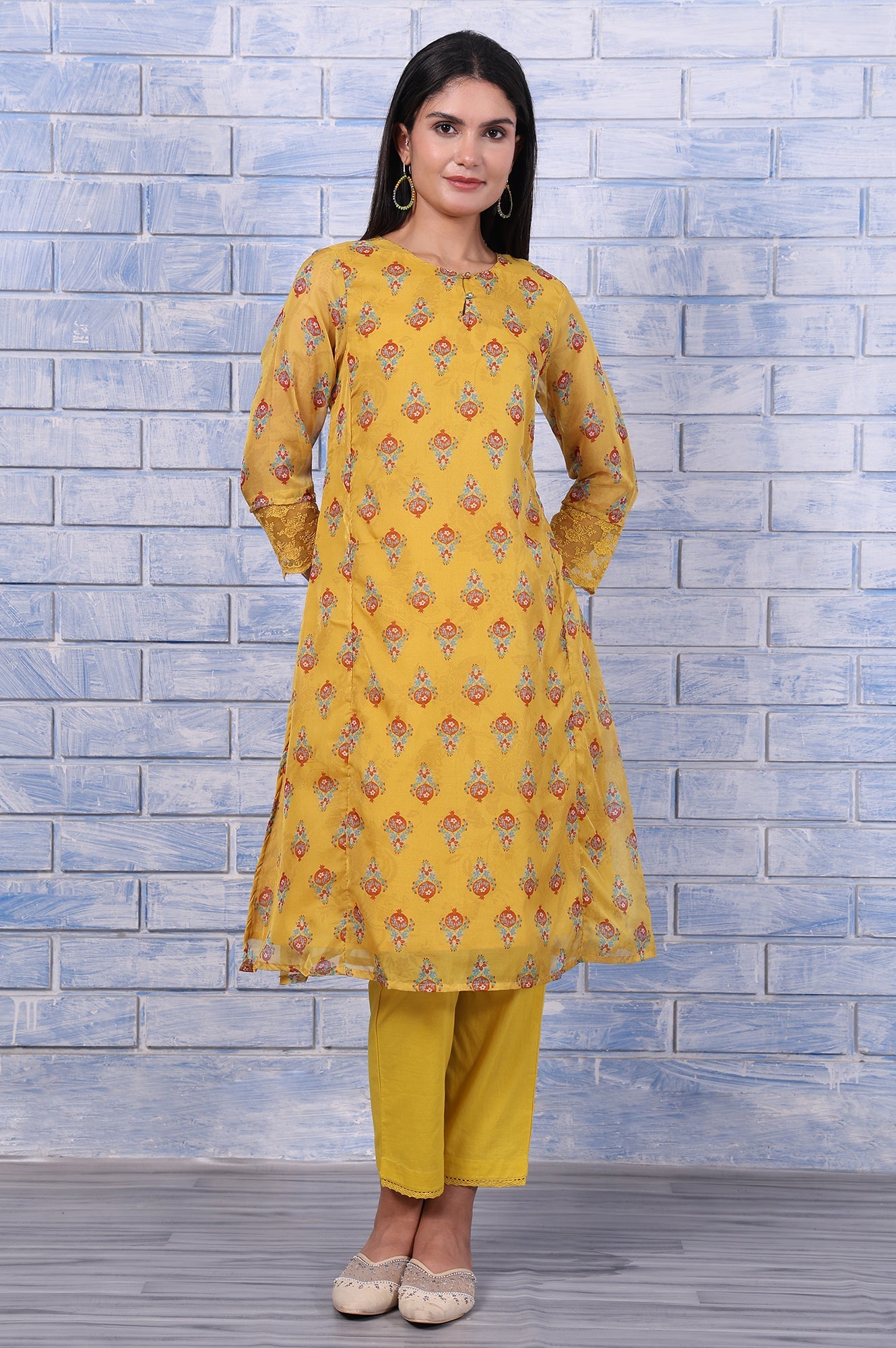 Yellow Floral Printed Organza Straight Kurta