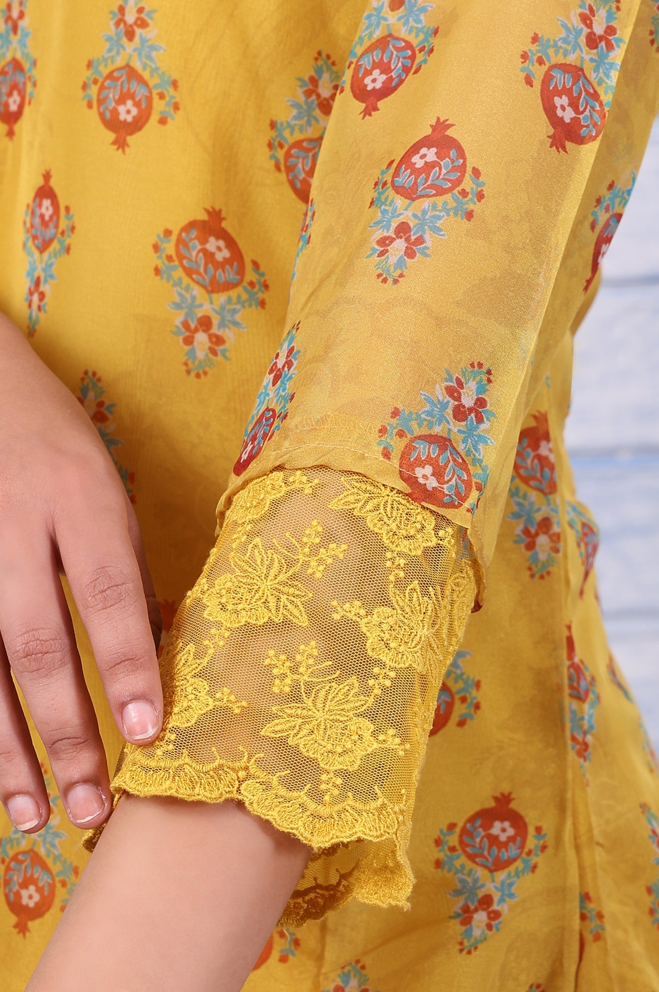 Yellow Floral Printed Organza Straight Kurta
