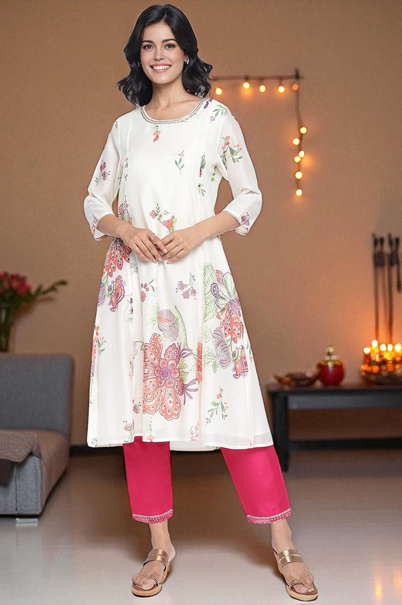 Ecru Printed Chanderi A-line Kurta