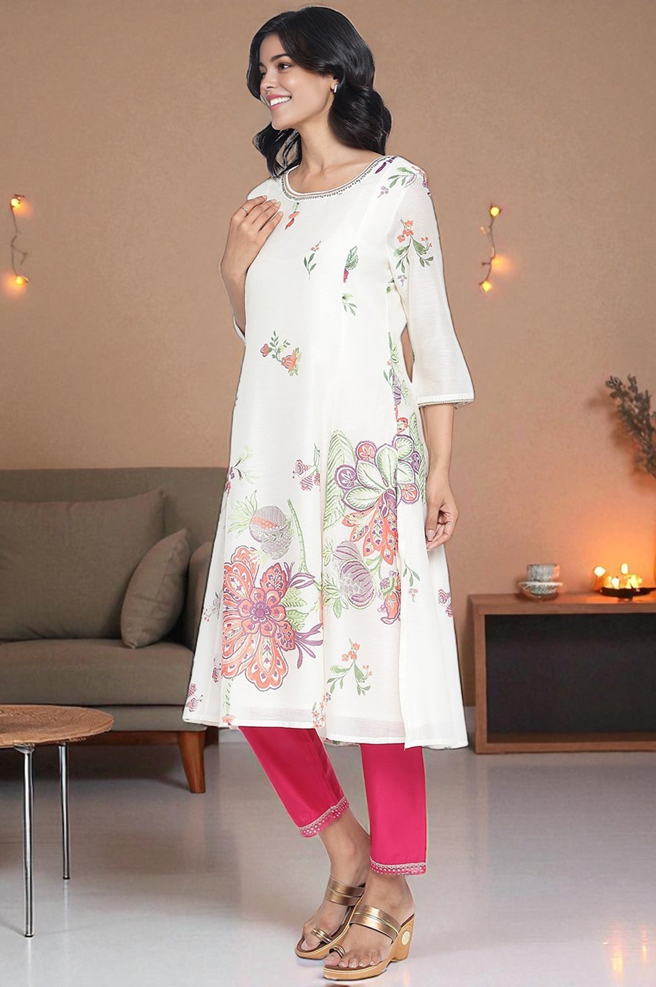 Ecru Printed Chanderi A-line Kurta