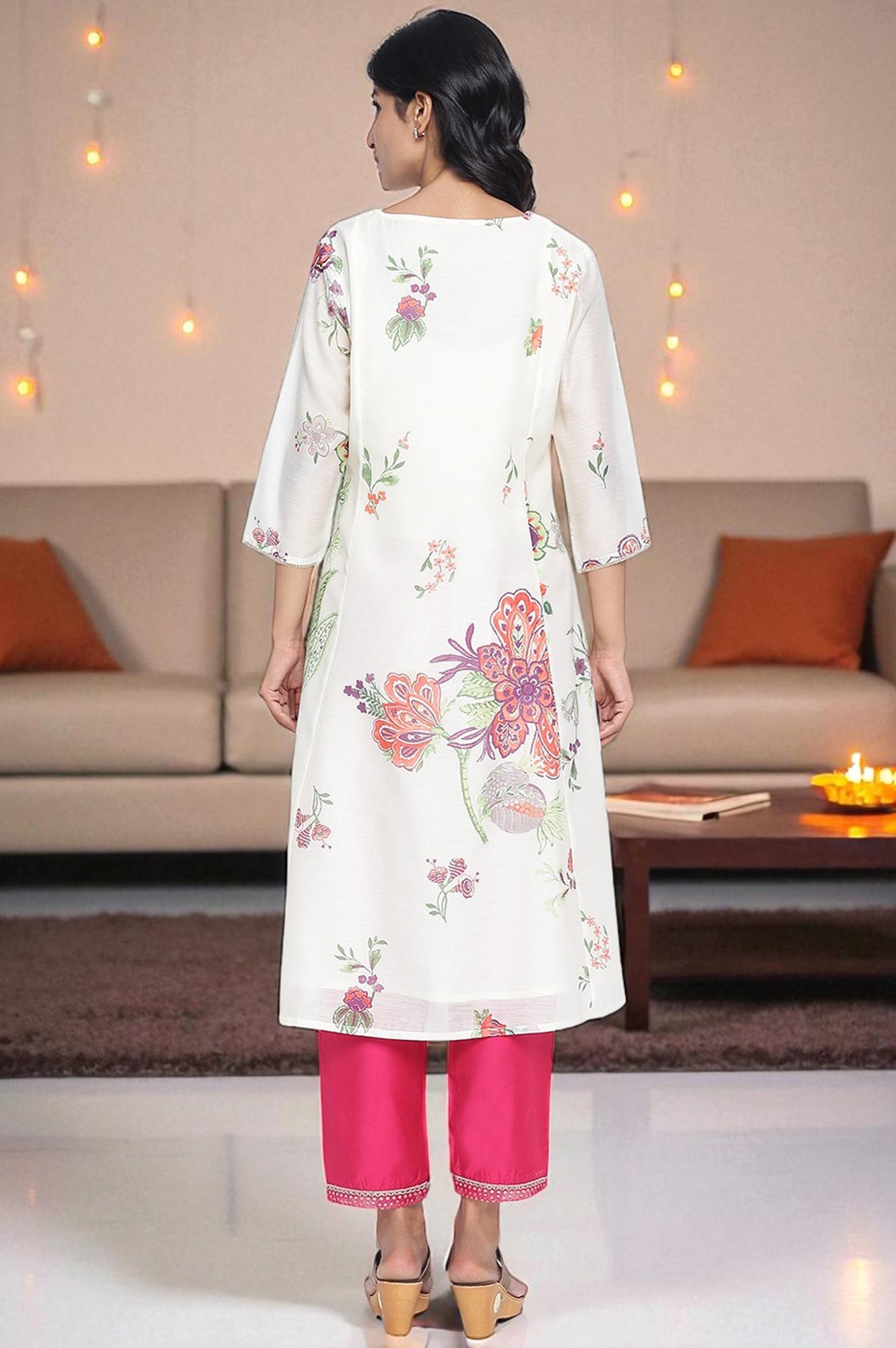 Ecru Printed Chanderi A-line Kurta