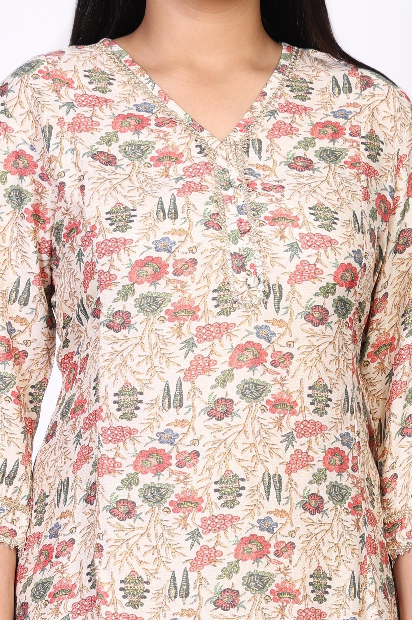 Beige Floral Print Straight Muslin Shimmer Kurta