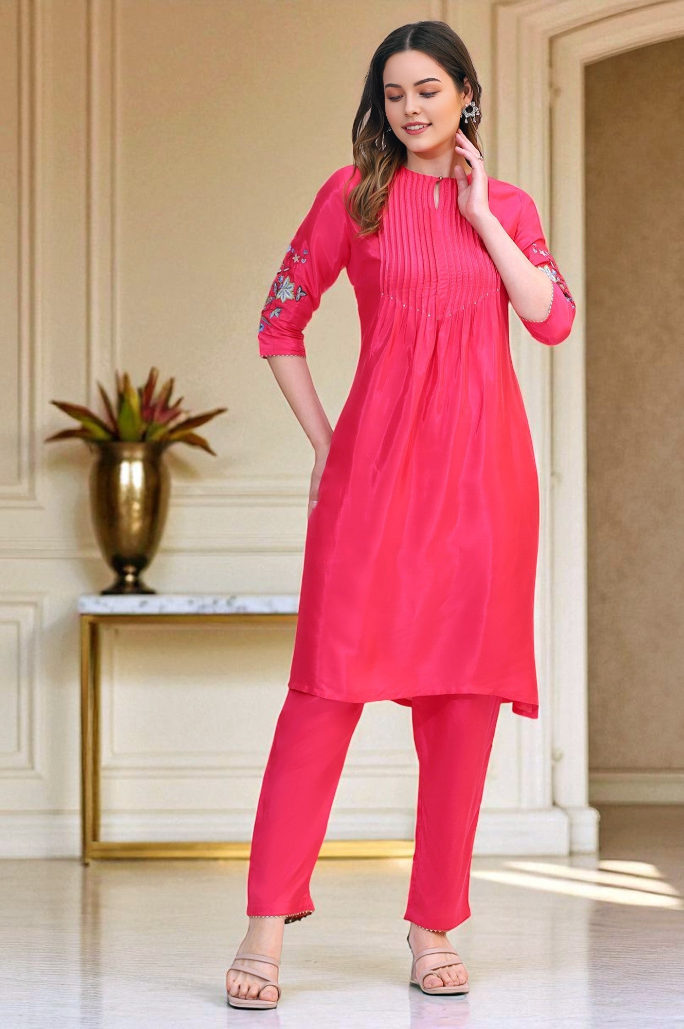 Pink Embroidered Shantung Straight Kurta