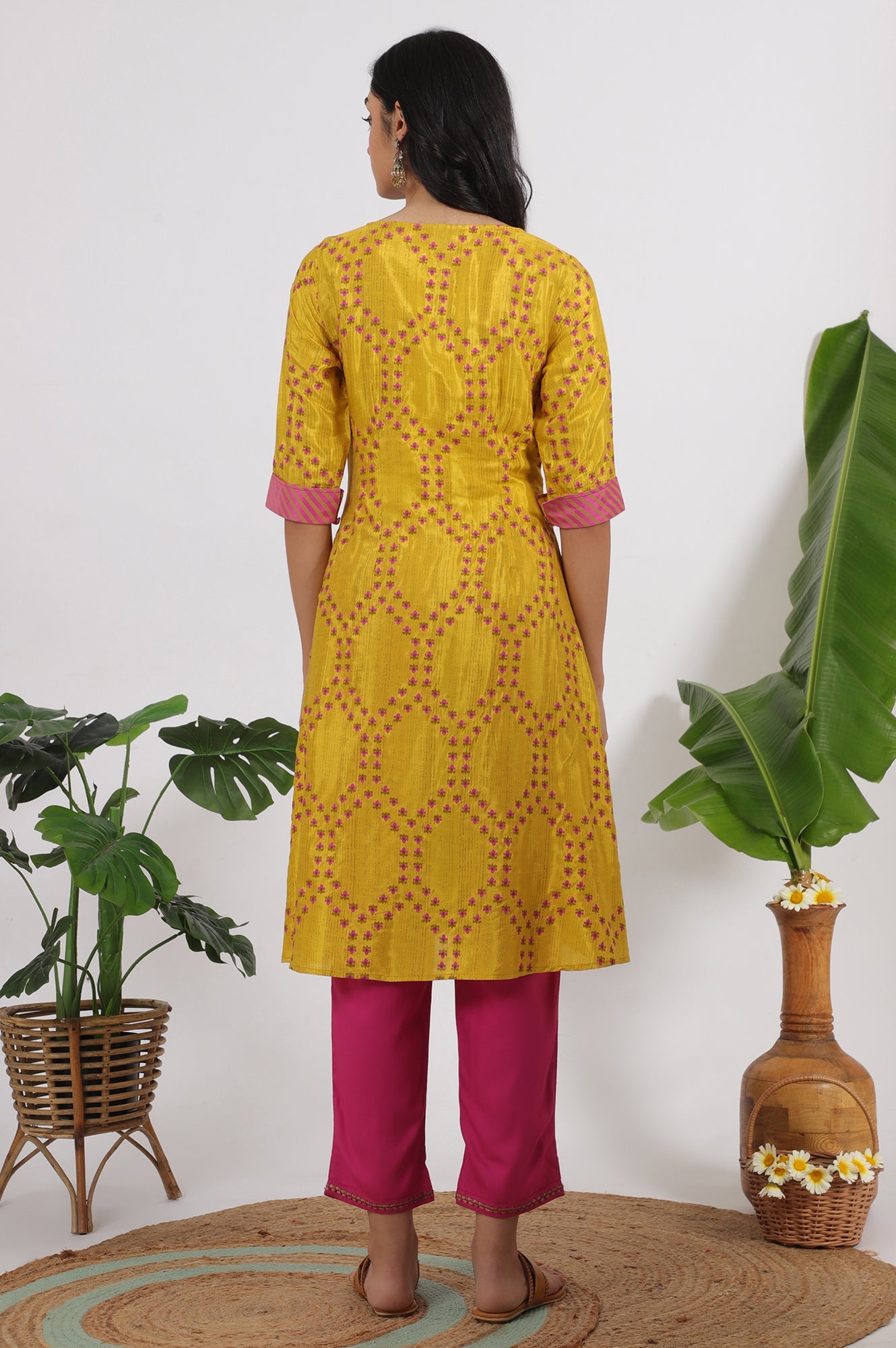 Marigold Yellow Floral Printed Straight Shantung Kurta