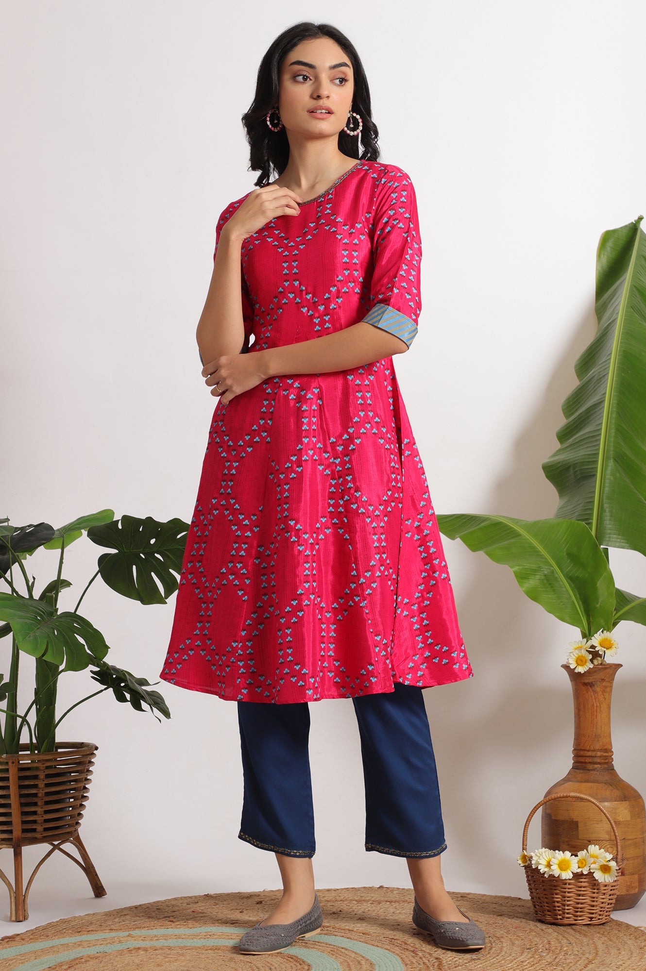 Pink Floral Printed Straight Shantung Kurta