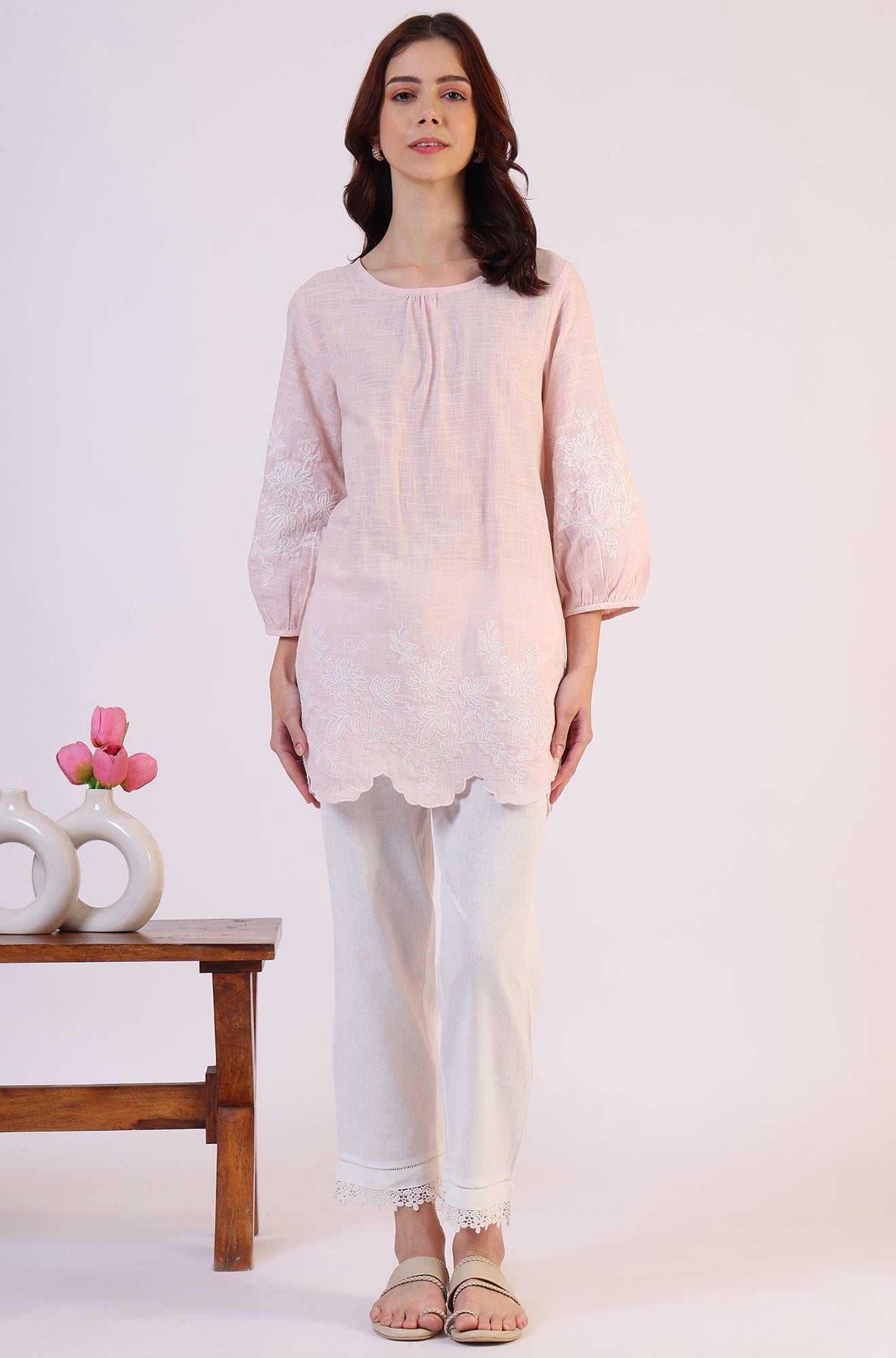 Pink Embroidered Pure Cotton Scalloped Western Top