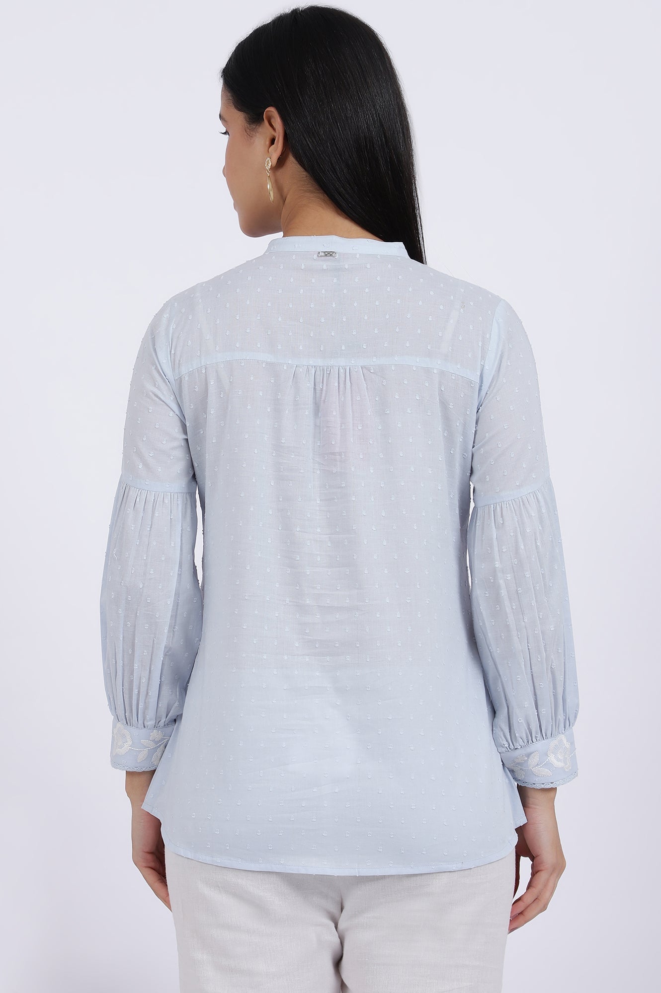 Blue Embroidered Pure Cotton Straight Top