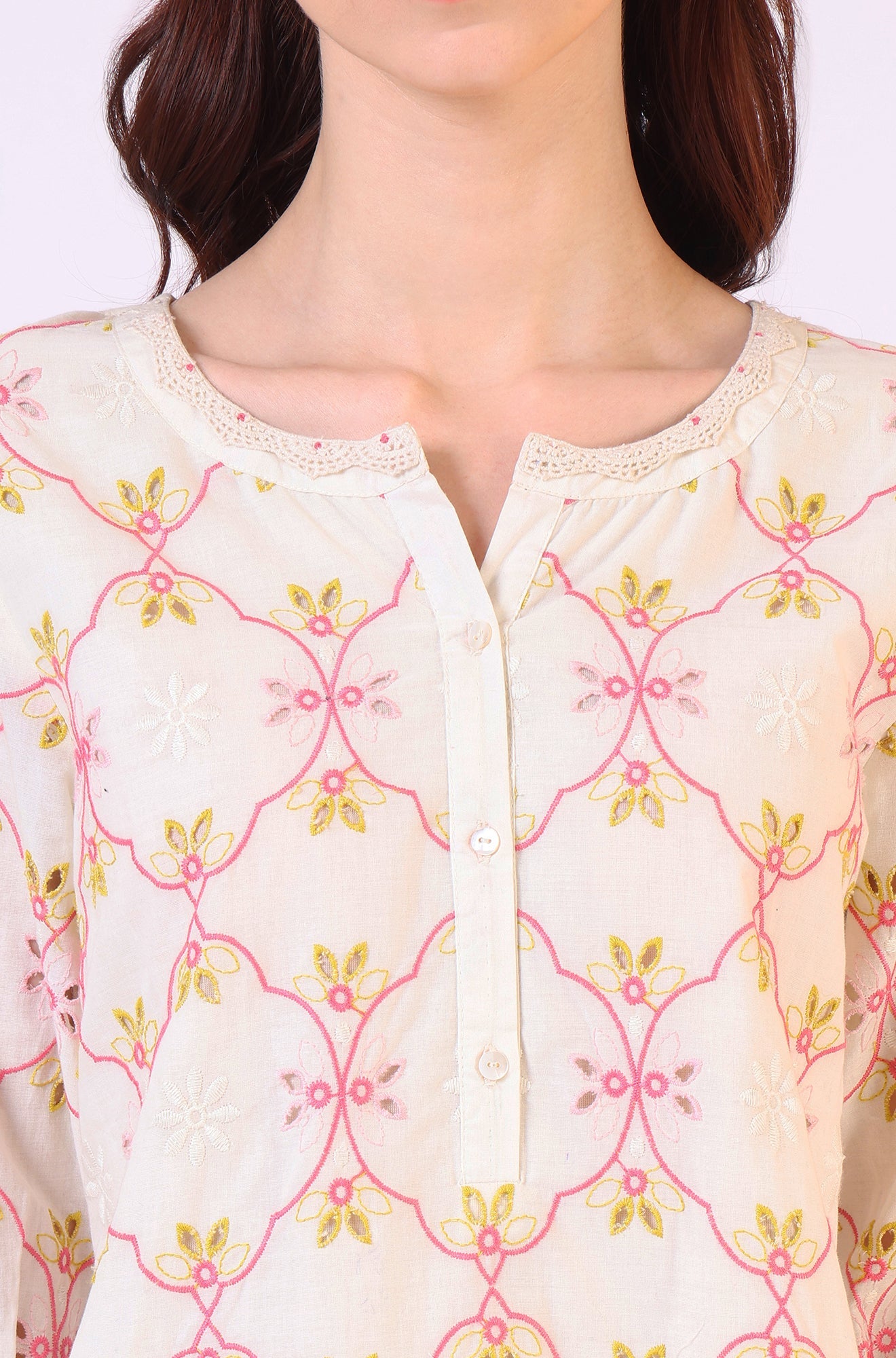 White Thread Embroidered Straight Pure Cotton Ethnic Lacetop