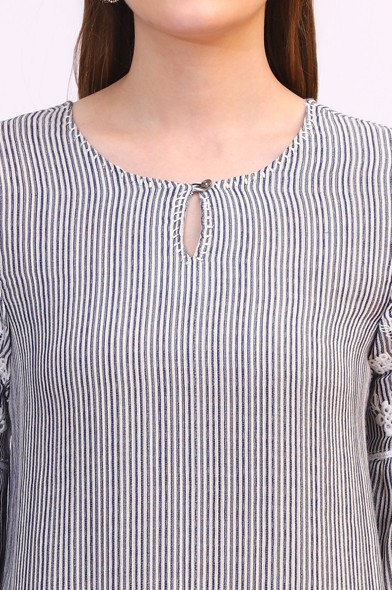 Navy and White Yarn Dyed Striped Top with Schiffli Embroidery At Sleeves