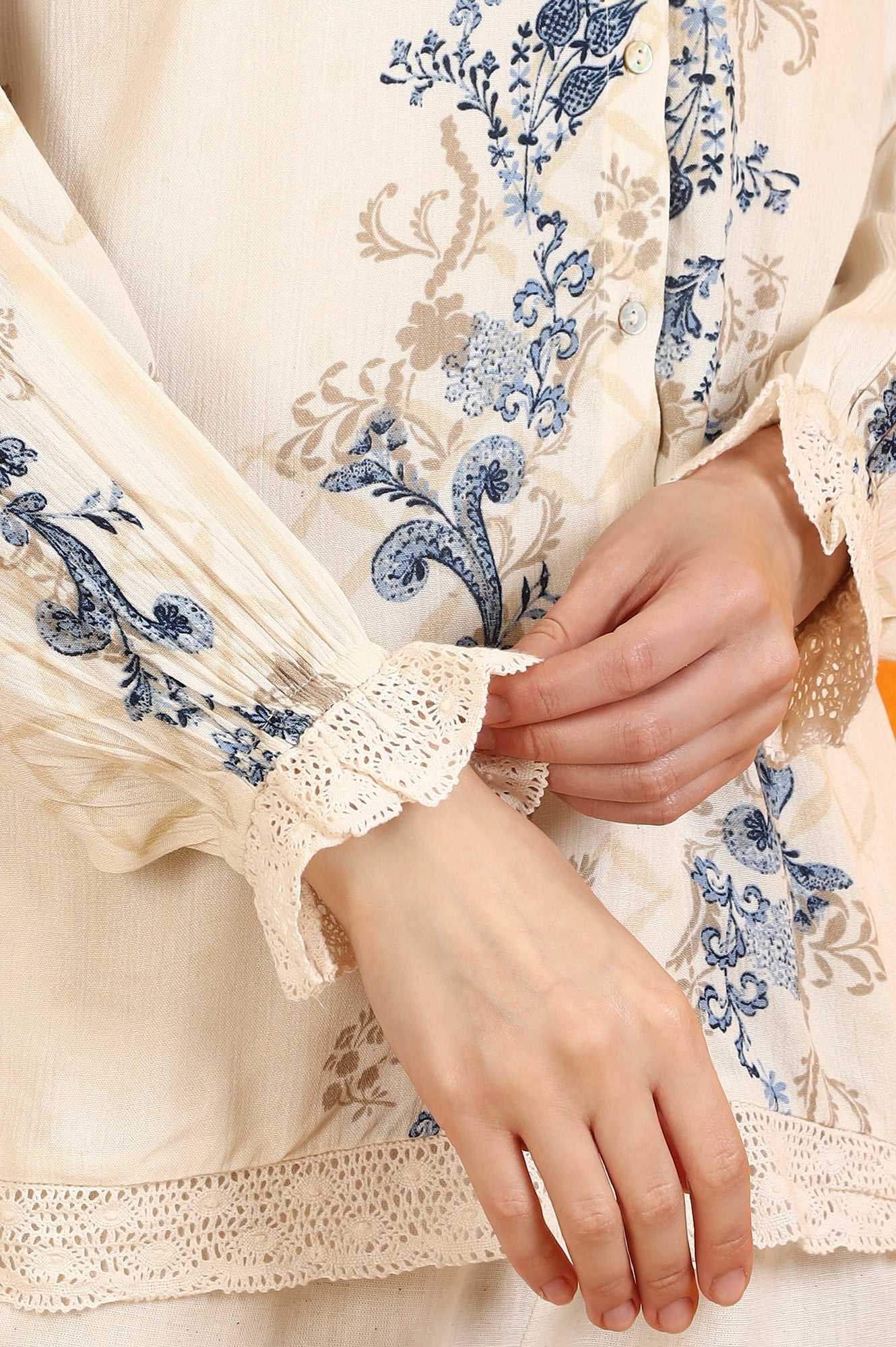 Off-White Floral Printed Rayon Crepe Top with Lace