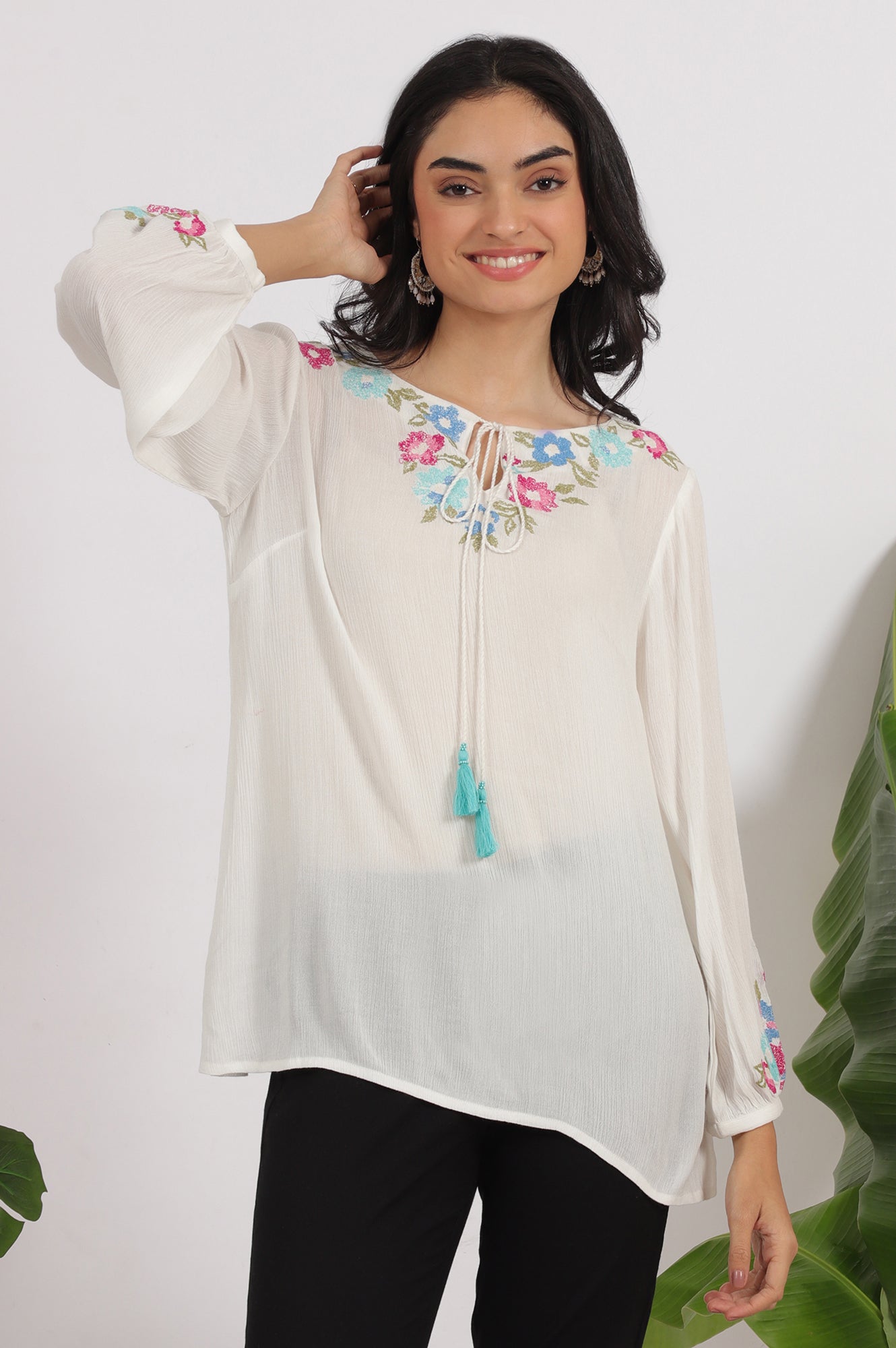 White Embroidered Rayon Crepe Straight Top