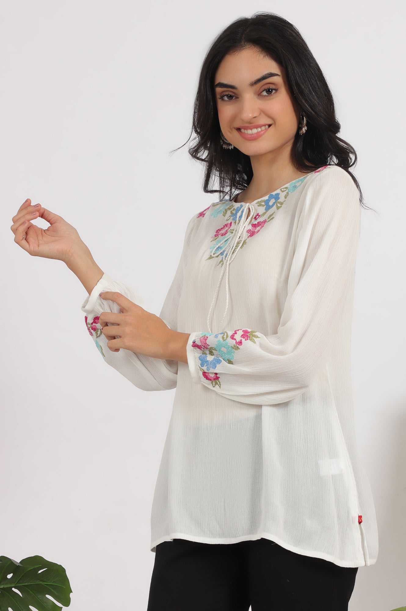 White Embroidered Rayon Crepe Straight Top