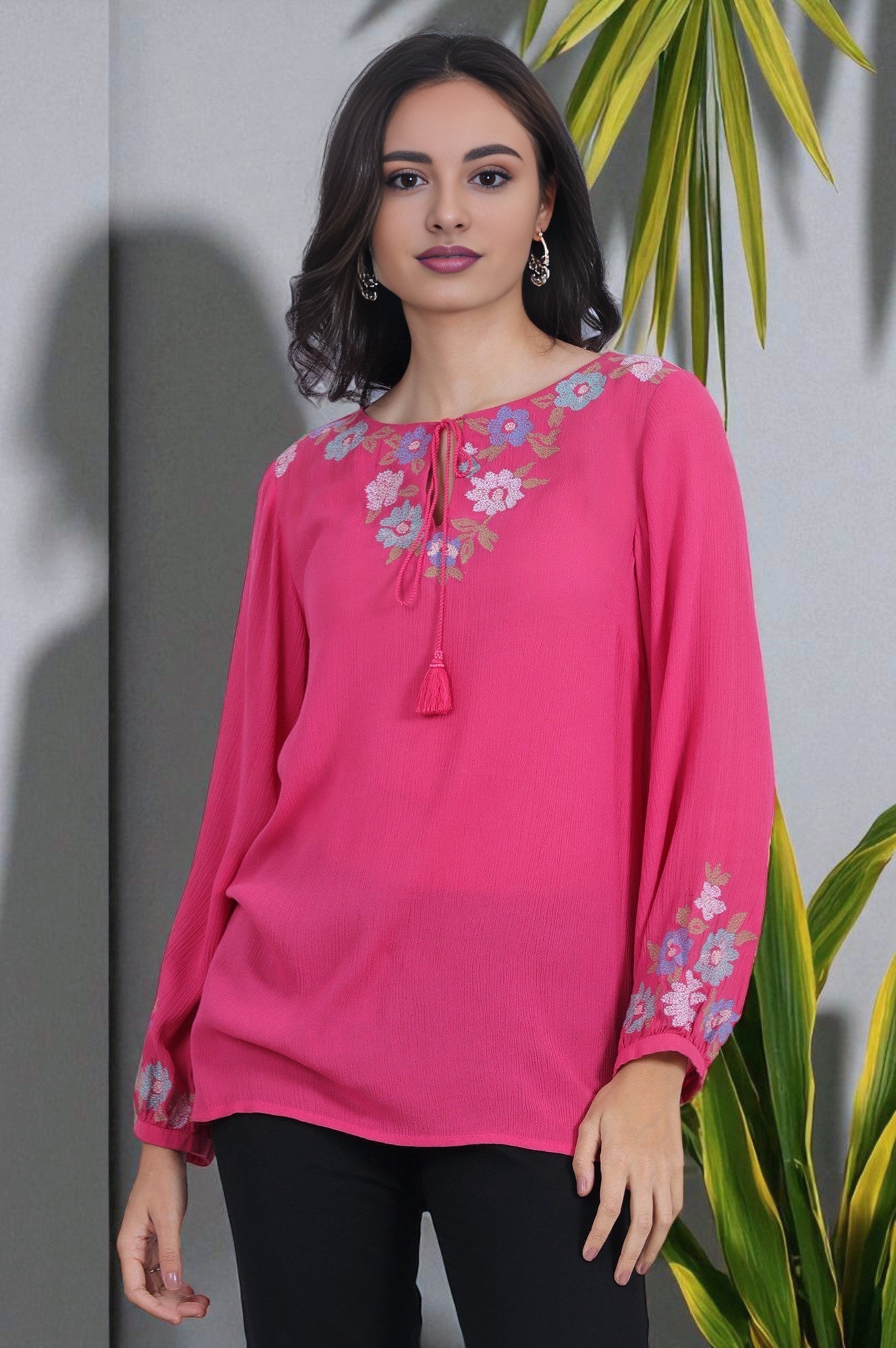 Pink Embroidered Rayon Crepe Straight Top