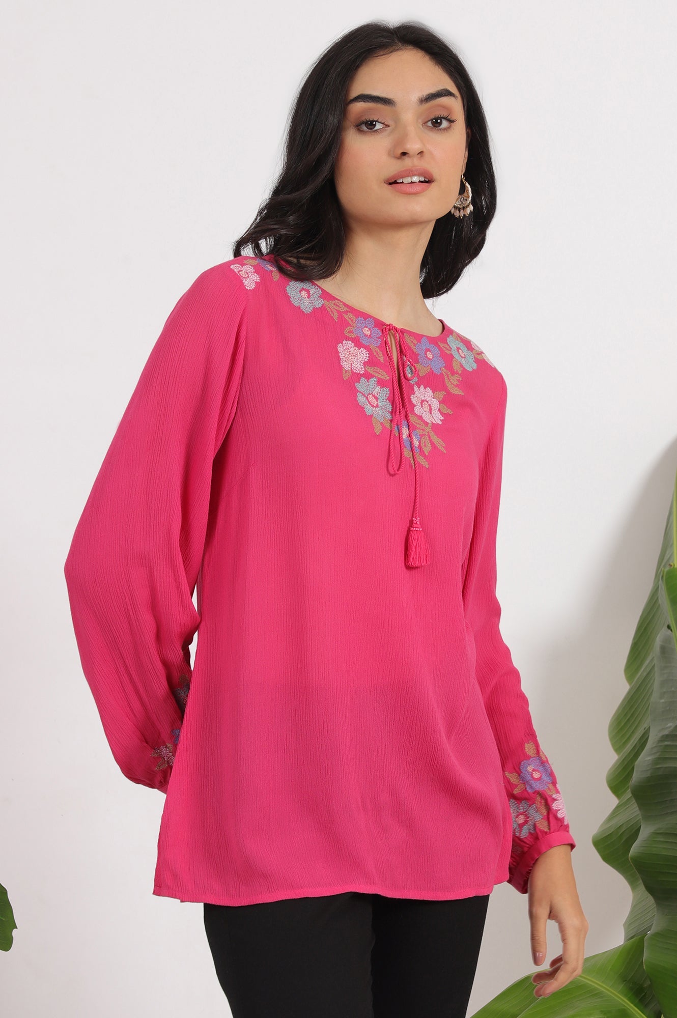 Pink Embroidered Rayon Crepe Straight Top