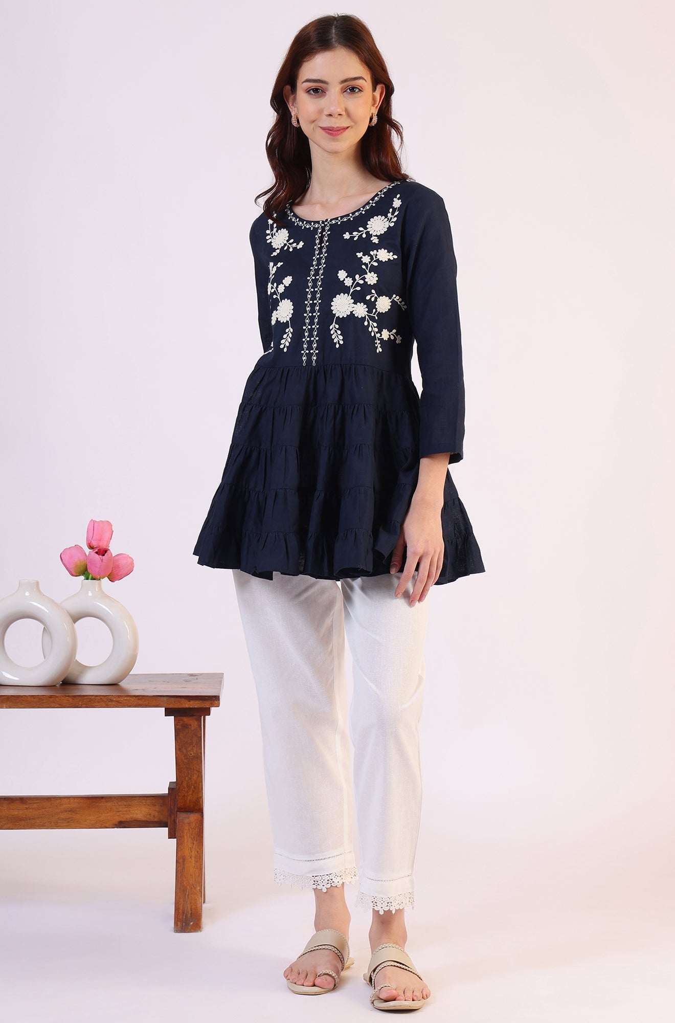 Embroidered Flared Pure Cotton Top
