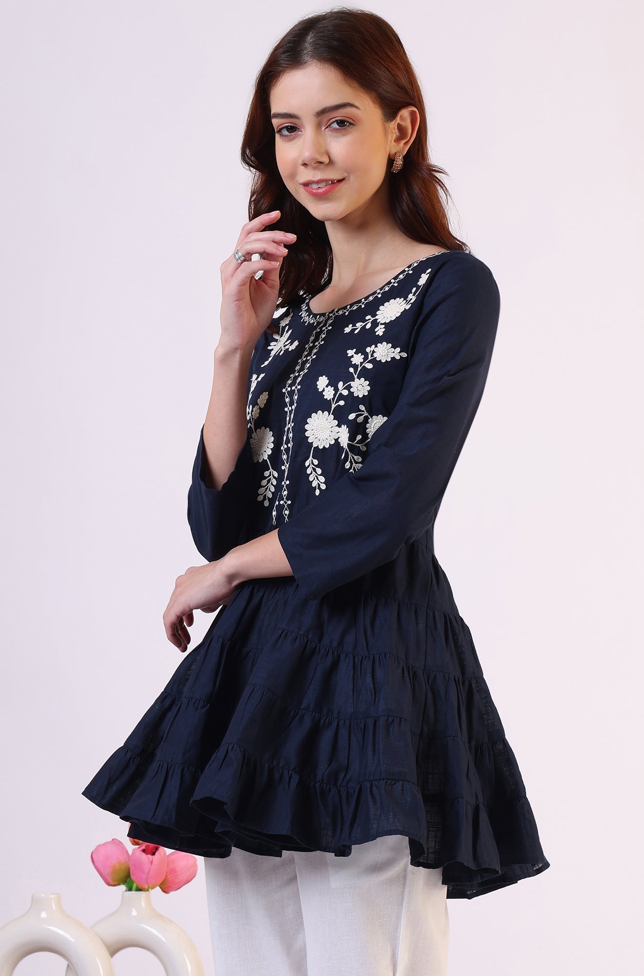 Embroidered Flared Pure Cotton Top