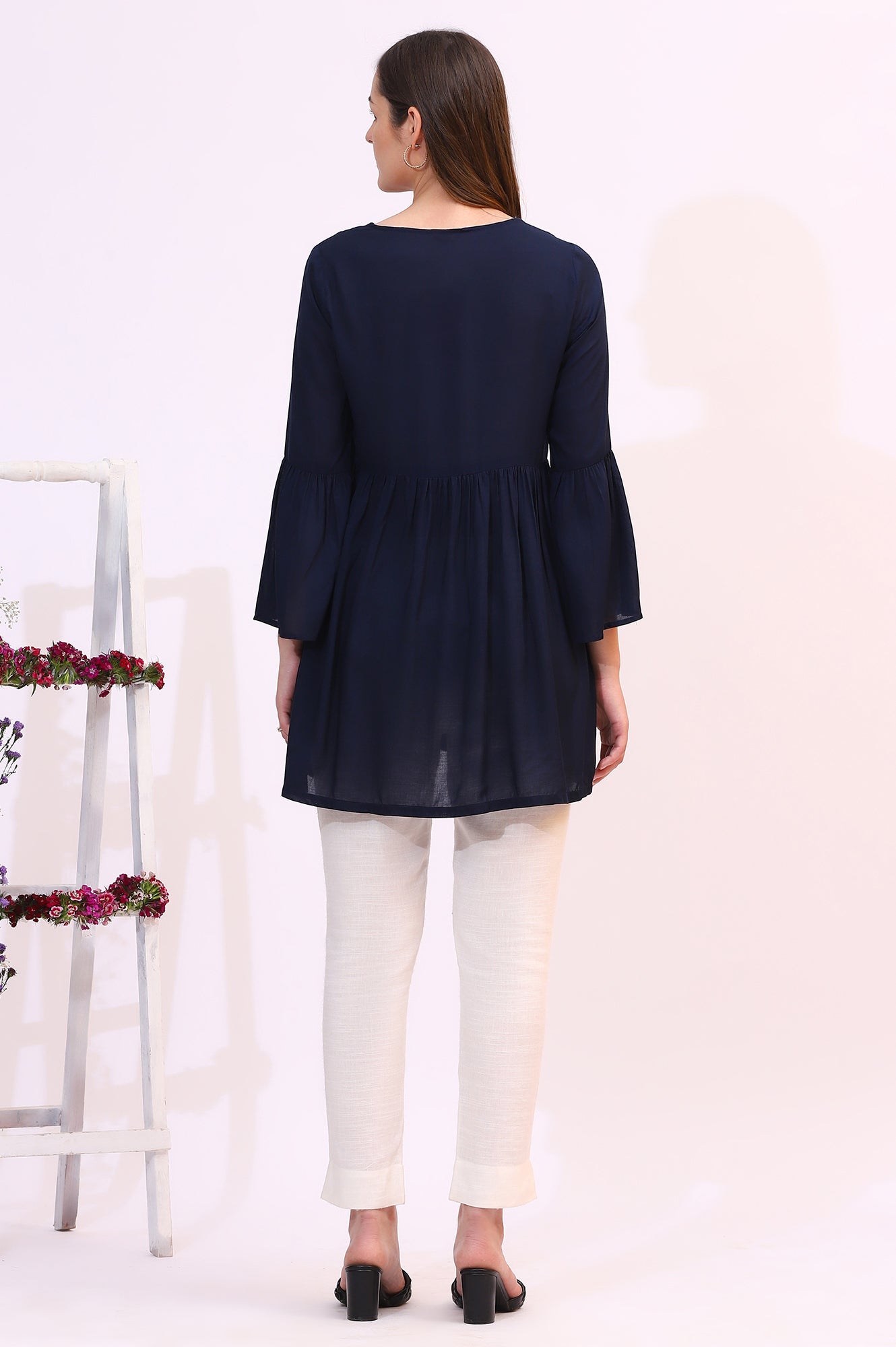 Navy Blue Thread Embroidered Modal Cotton Top with Front Buttons