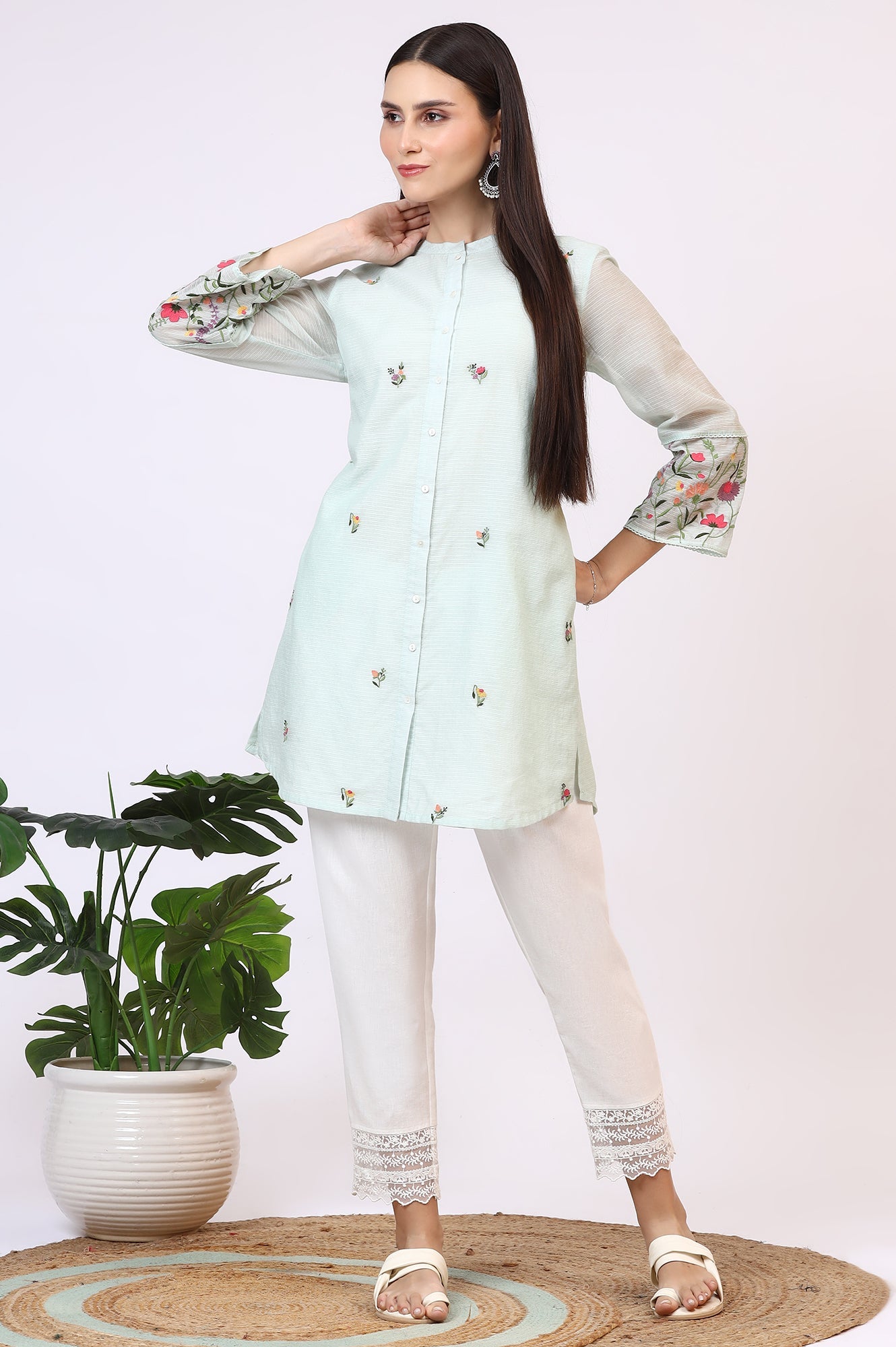 Mint Green Floral Embroidered Kota Tunic