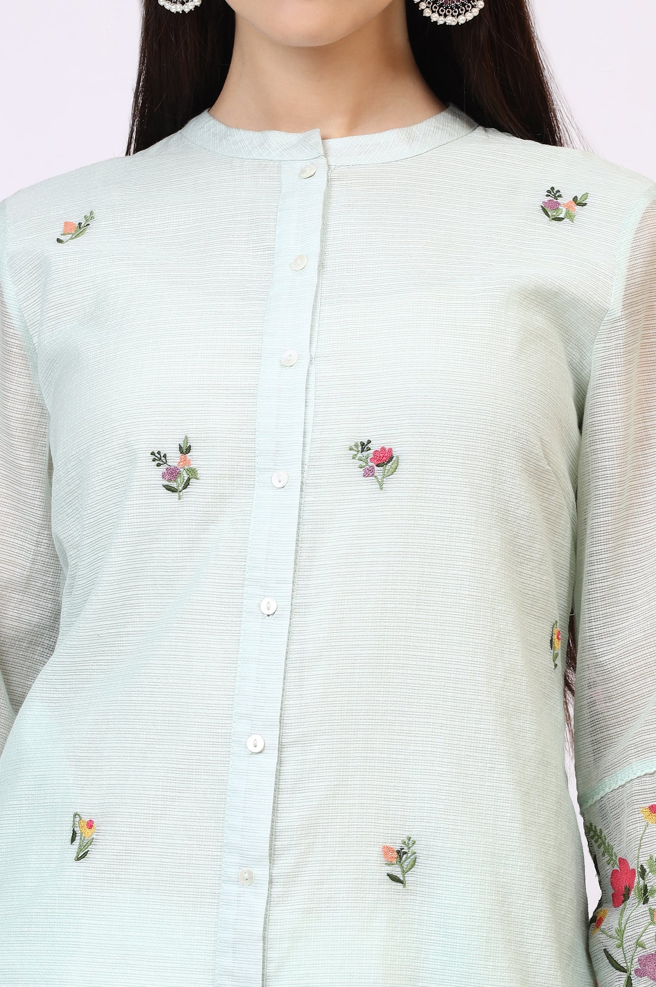 Mint Green Floral Embroidered Kota Tunic