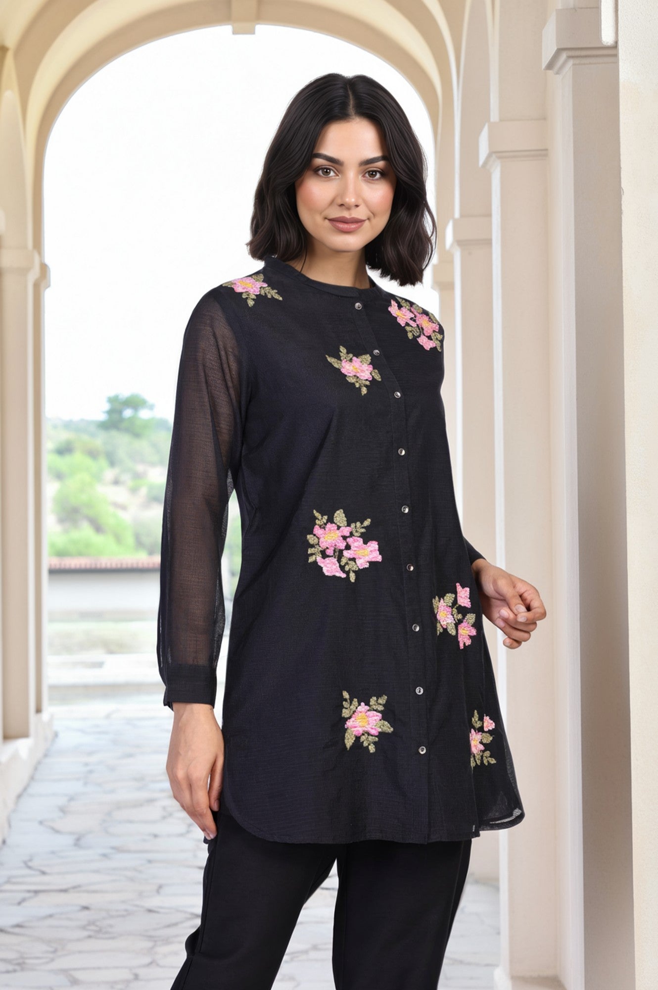 Black Embroidered Floral Thread Work Straight Kota Tunic