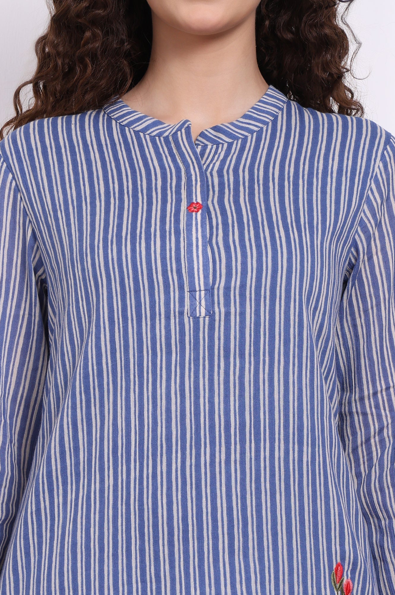 Blue Embroidered Printed Thread Embroidered Pure Cotton Tops