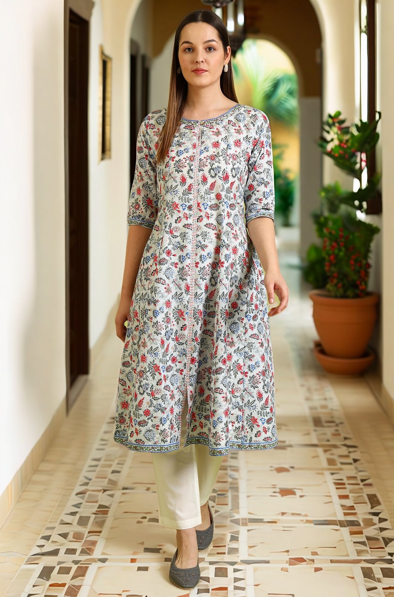 Light Blue Floral Printed Pure Cotton Anarkali Kurta and Pants Set