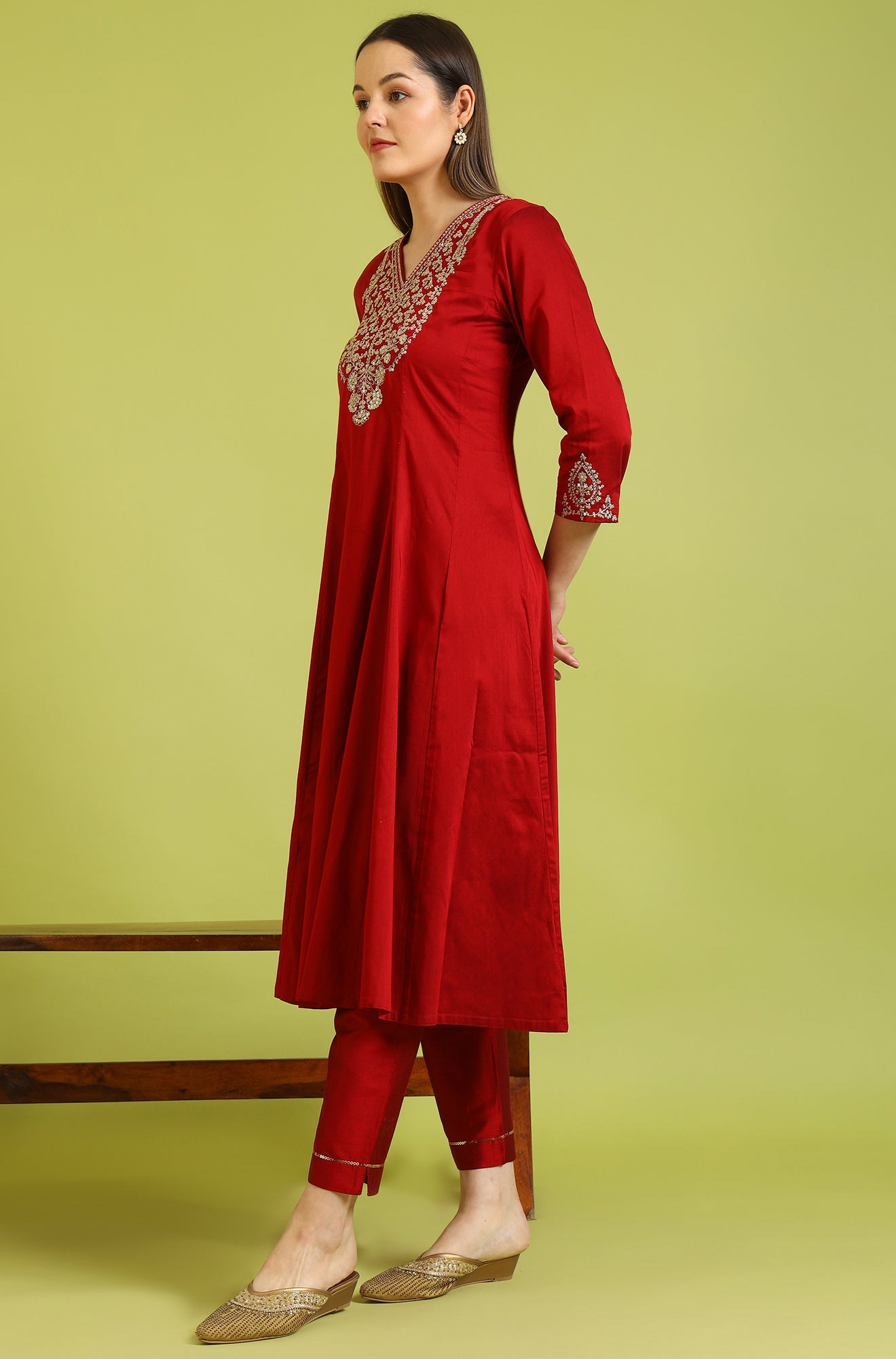 Dark Red Solid Metallic Emnbroidery Anarkali Kurta, Pants and Dupatta Set