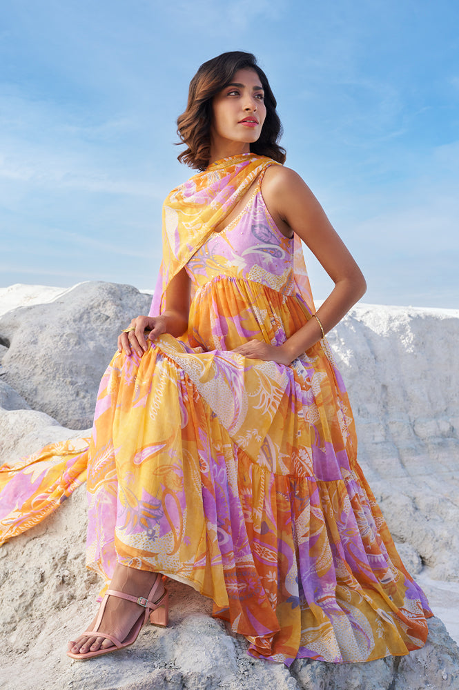 Orange Abstract Printed Tiered Spaghetti Kurta and Leggings Set with Dupatta