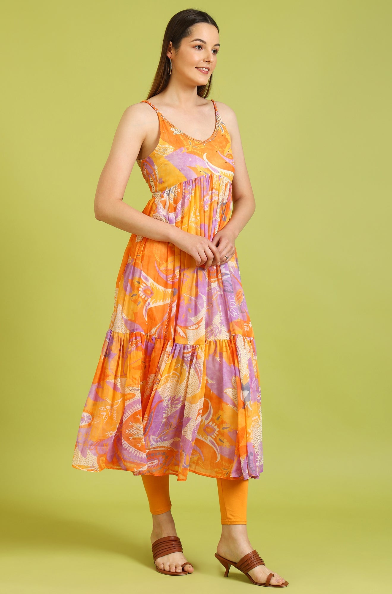 Orange Abstract Printed Tiered Spaghetti Kurta and Leggings Set with Dupatta