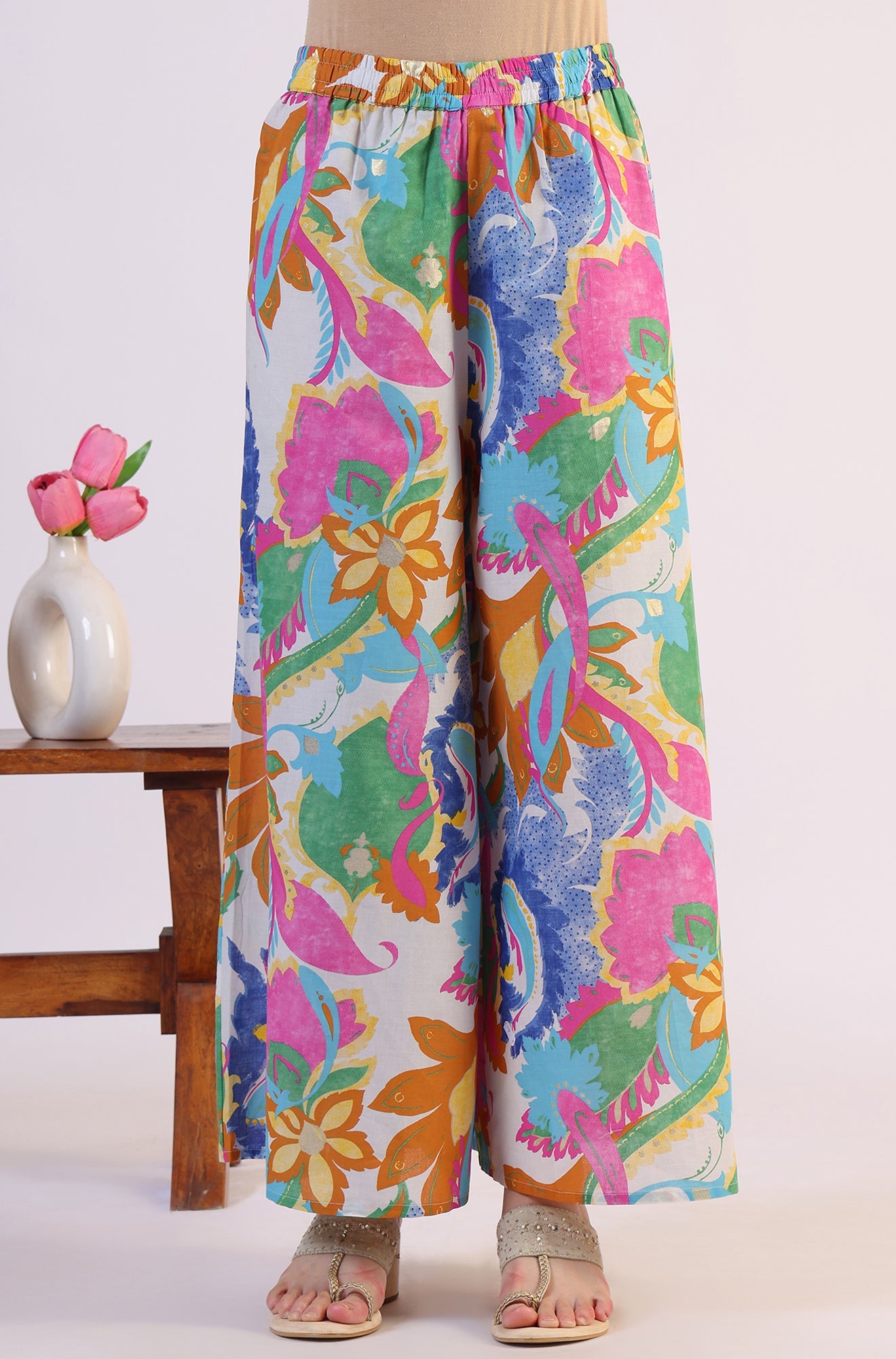 White Abstract Printed Pure Cotton Spaghetti Kurta, Flared Pants and Dupatta Set