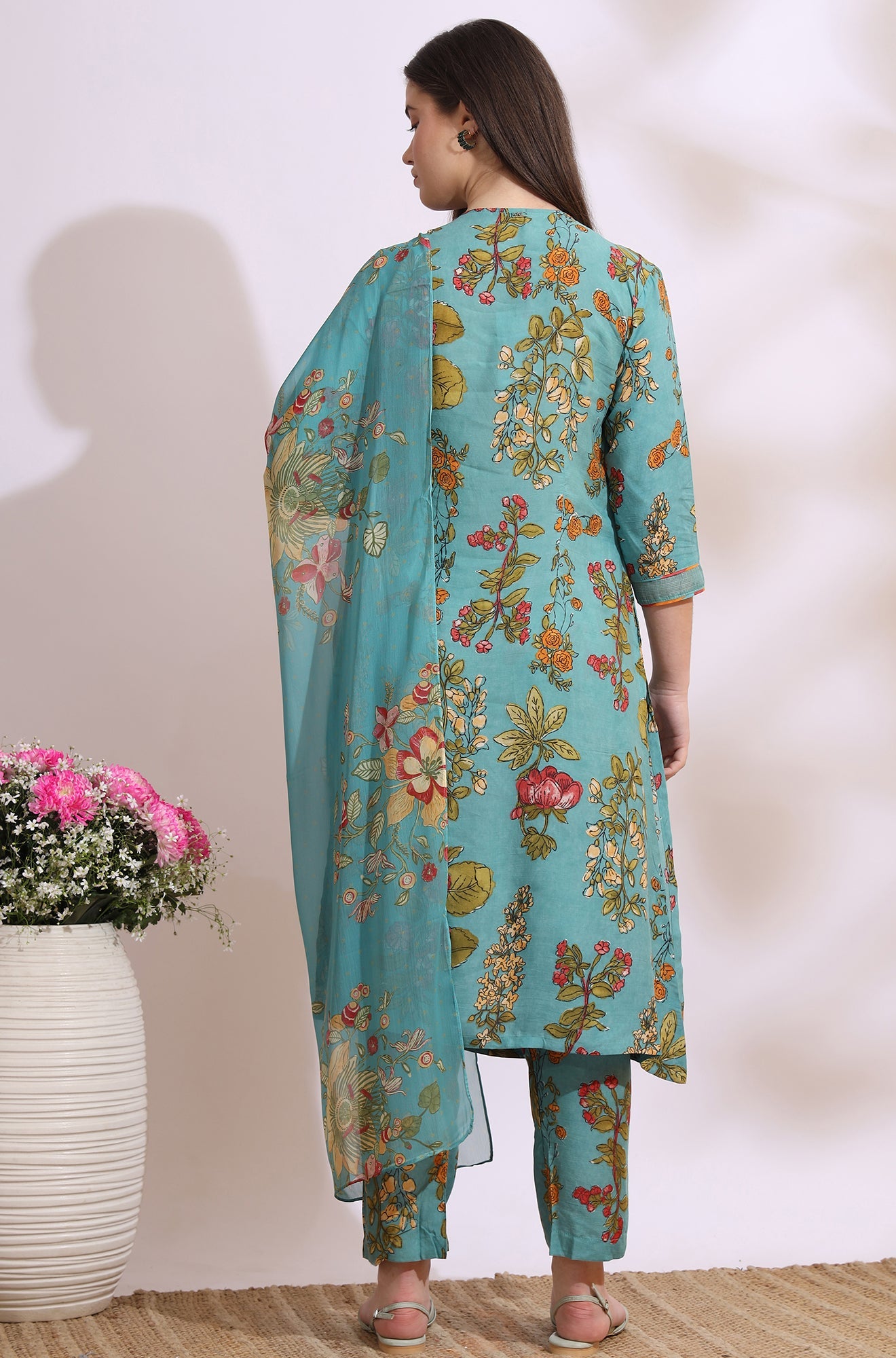 Reef Blue Floral Printed Modal Straight Kurta, Pants and Dupatta Set
