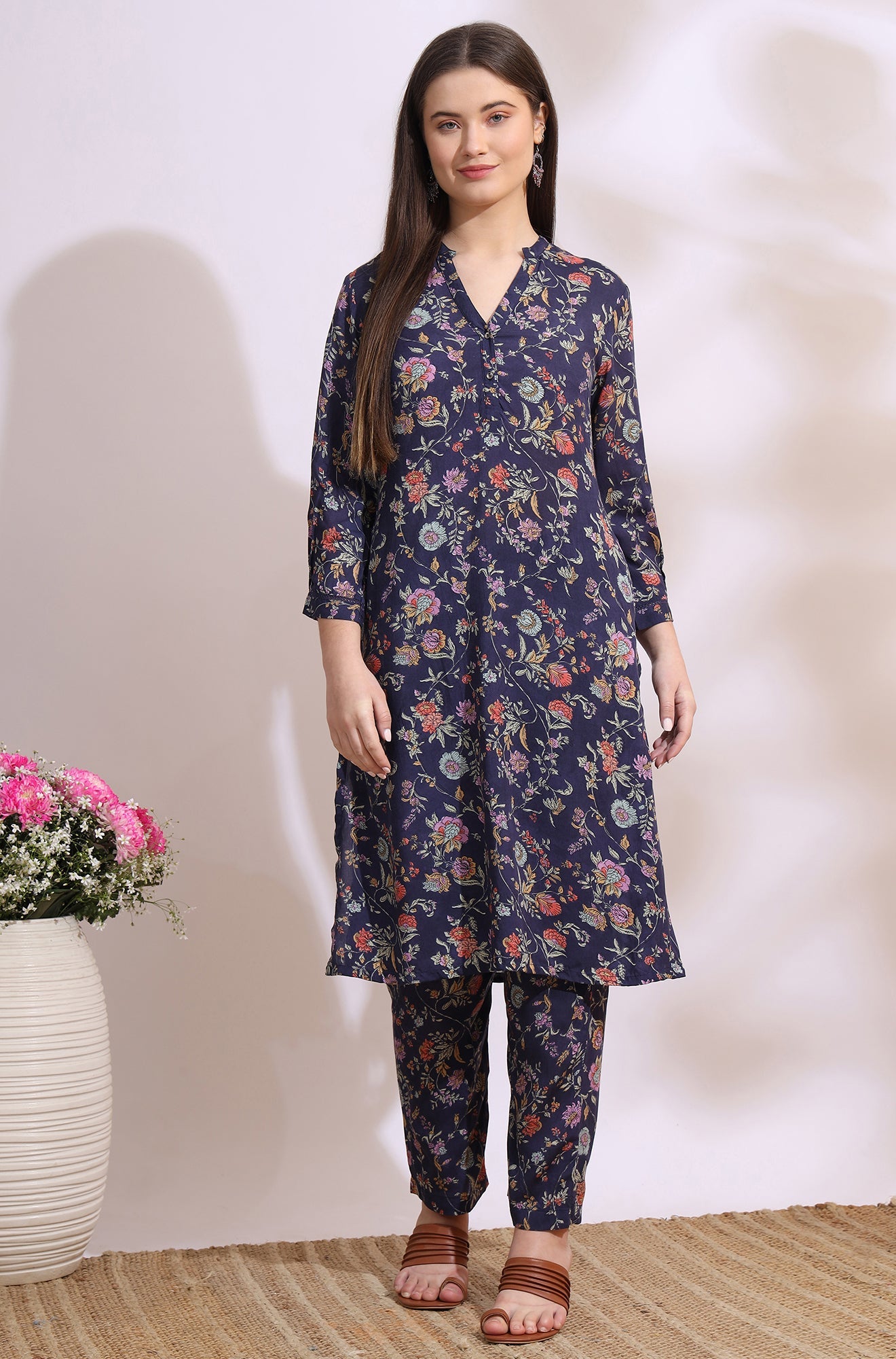 Ink Grey Floral Printed Modal A-line Kurta and Pants Co-ord Set