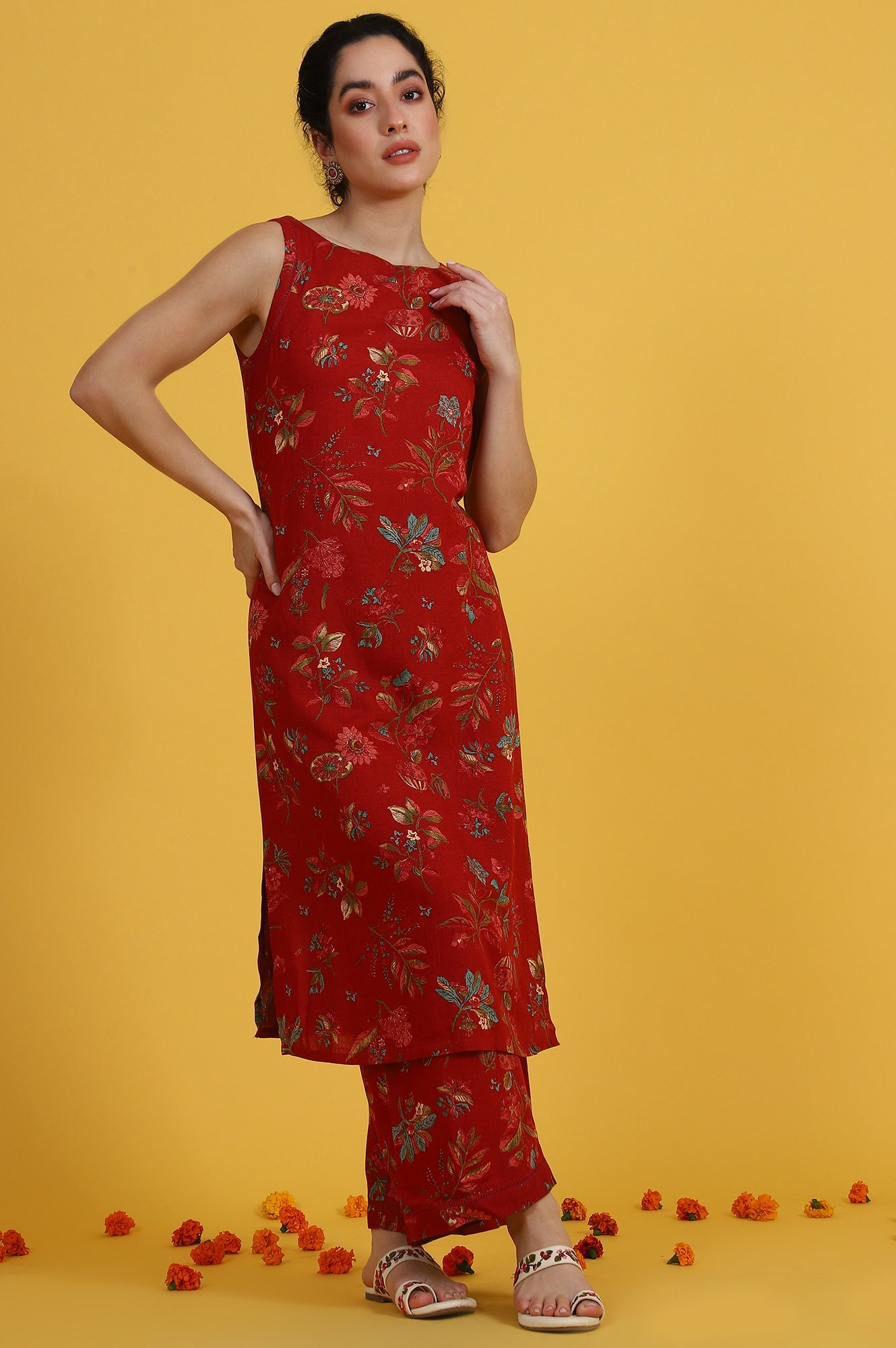 Red Floral Printed Sleeveless A-line Kurta and Flared Pants Co-ord Set